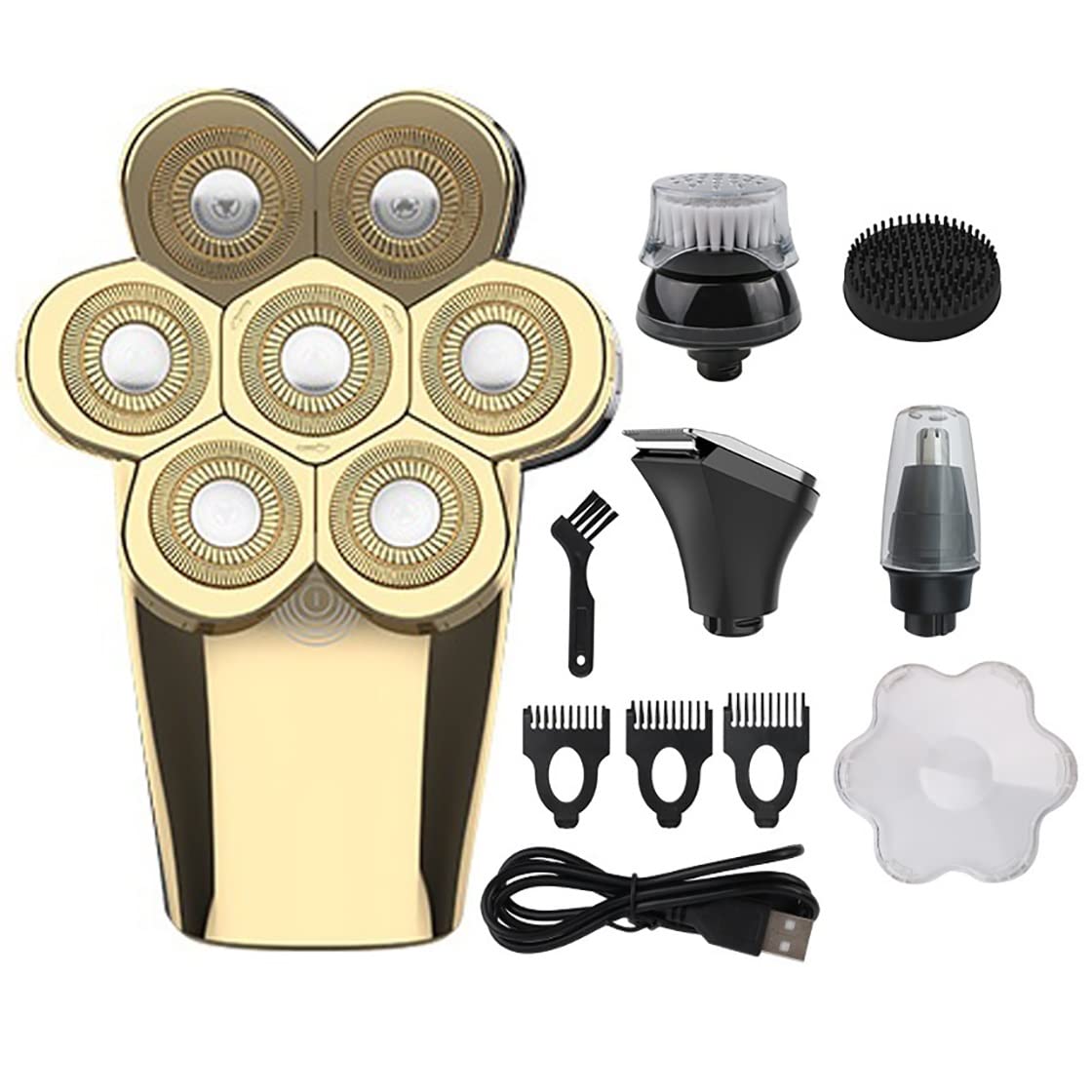 Premium 5-in-1 Electric Razor for Men - 7-Blade Shaver, Bald Head Trimmer, Beard & Nose Hair Clipper - Gold | Perfect for Travel, Home & Professional Grooming