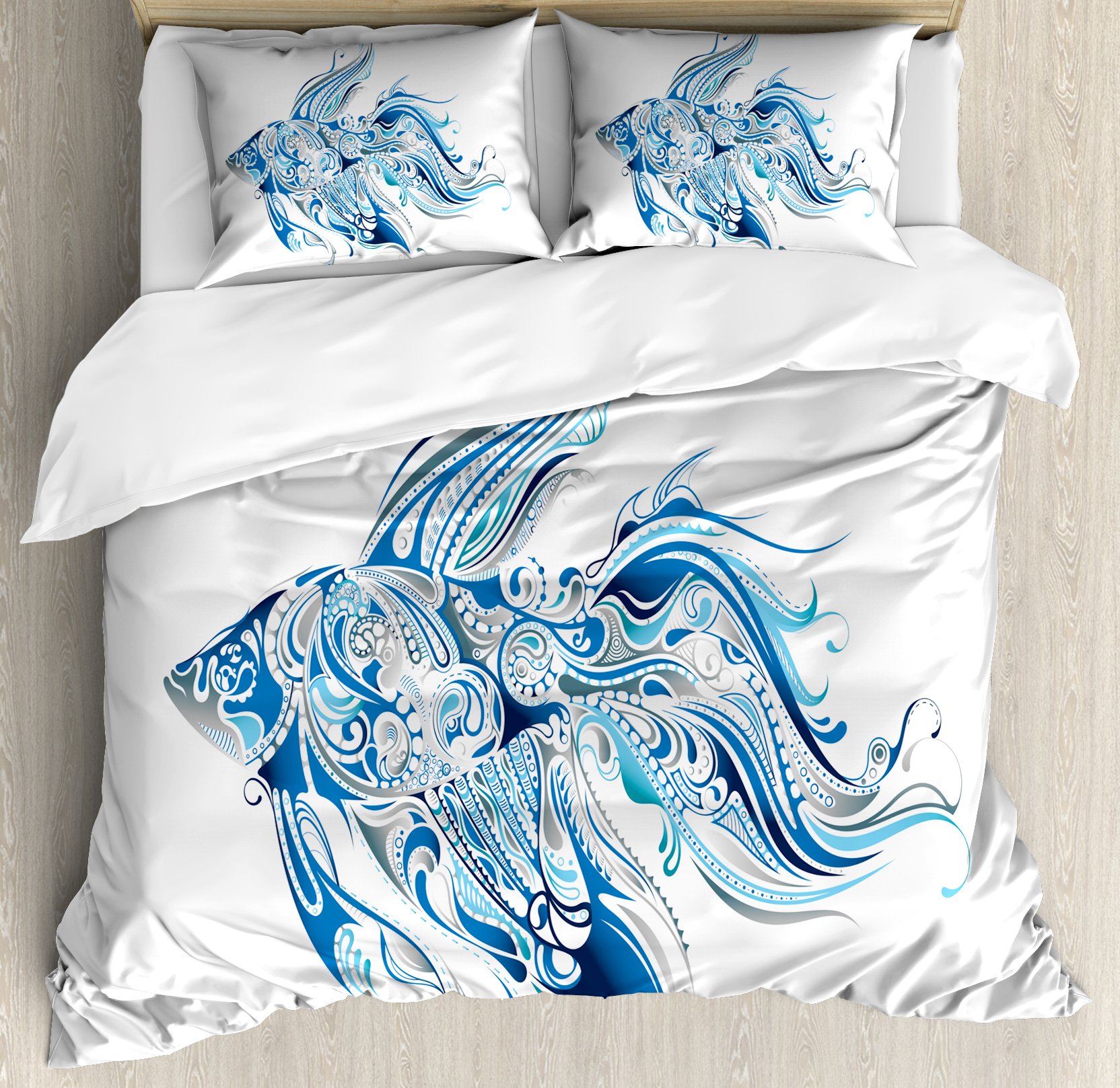Ambesonne Bohemian Fish Duvet Cover Set - Queen Size Blue Abstract Betta Splendens Design with Swirling Patterns | 3-Piece Bedding Set Includes Duvet Cover & 2 Pillow Shams | Perfect for Coastal, Nautical or Eclectic Bedroom Decor