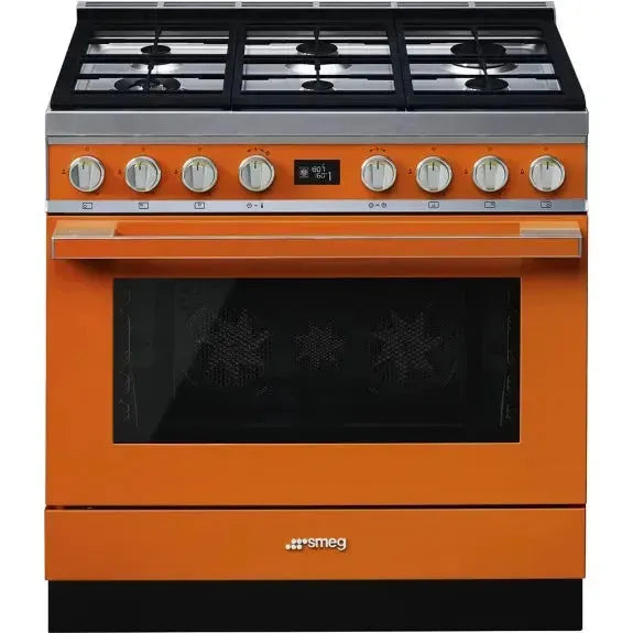 Smeg 90cm Portofino Dual Fuel Pyrolytic Cooker in Burnt Orange - Premium Gas & Electric Range for Modern Kitchens | Perfect for Home Chefs & Entertaining Guests