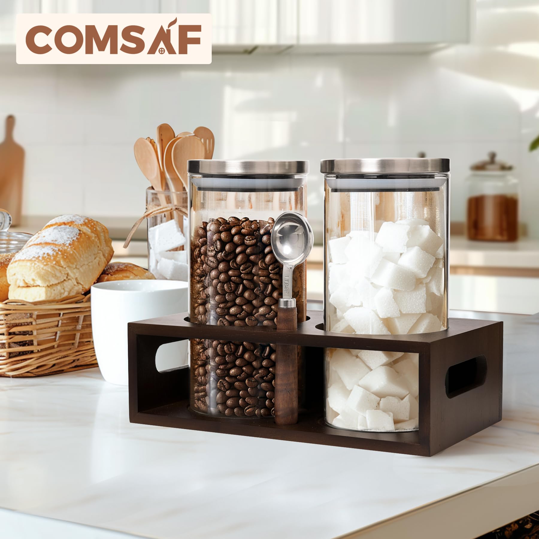 ComSaf 44oz Airtight Coffee Storage Canister with Stainless Steel Lid - 2 Pack Glass Coffee Containers for Ground Coffee & Beans, Includes Metal Scoop & Shelf - Perfect for Coffee Bars, Kitchens & Pantry Organization