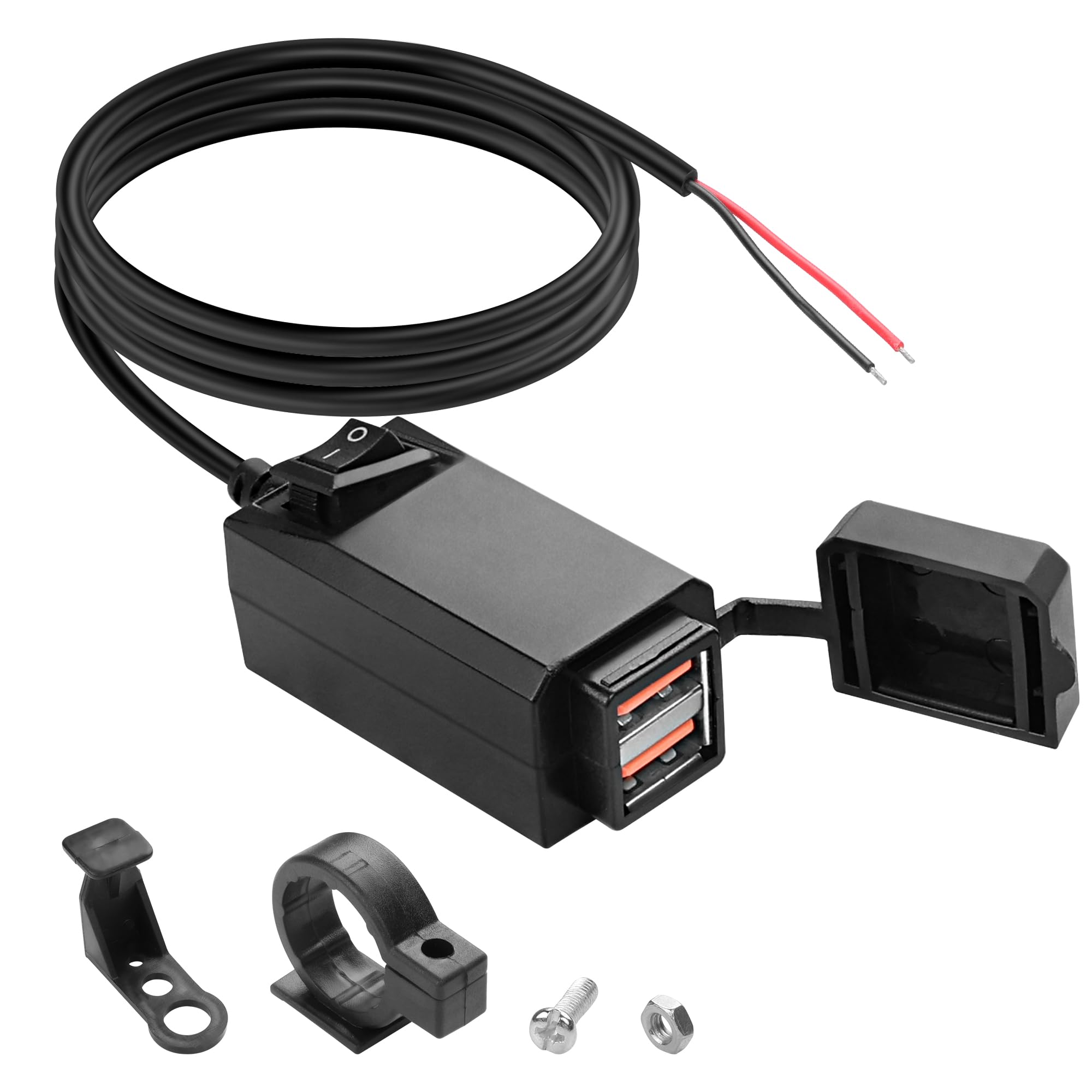 MEIRIYFA QC3.0 Dual USB Motorcycle Charger - 5V 2.1A Waterproof Fast Charging Port with ON/Off Switch - Universal USB Phone Charger for Motorcycle, Motorbike, Car, Truck - Perfect for Road Trips & Outdoor Adventures