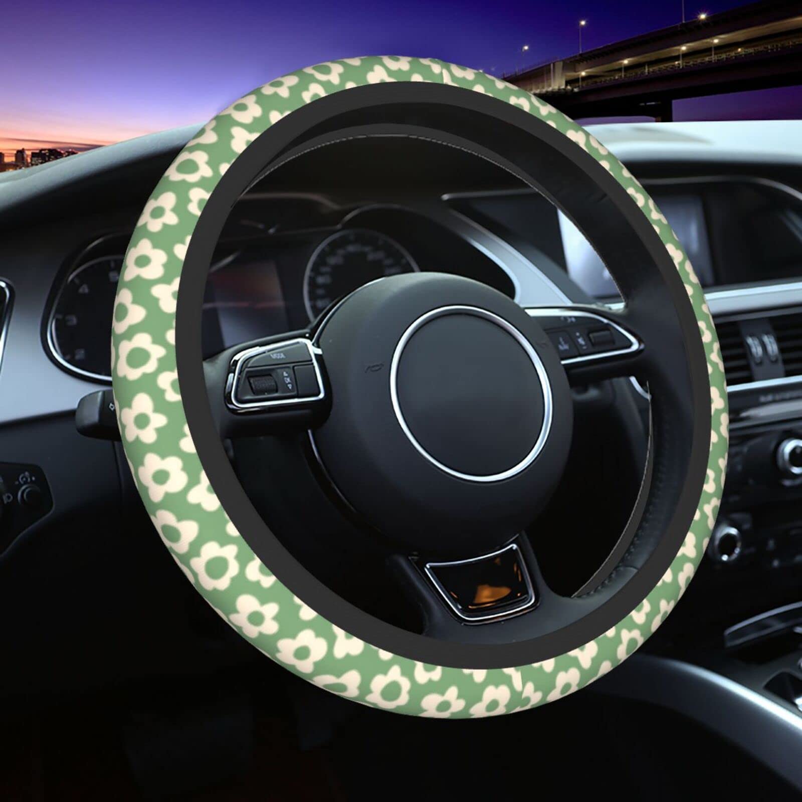 Vintage Groovy Flowers Steering Wheel Cover - Cute Universal 15 Inch Car Accessories Protector for Women | Non-Slip Grip & Sun Protection | Perfect for Summer Driving, Road Trips & Gift Ideas