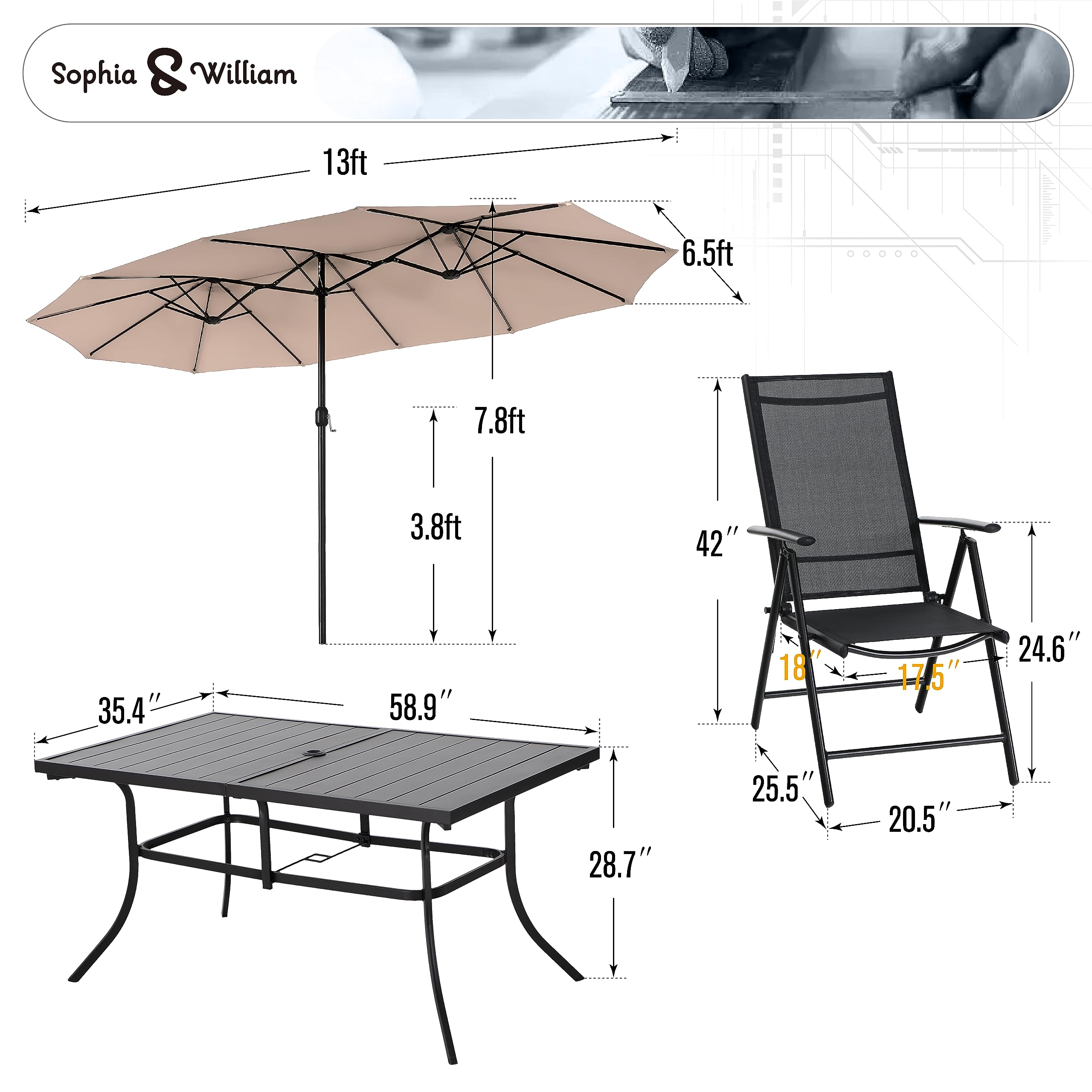 Sophia & William 7-Piece Outdoor Dining Set with 13ft Beige Umbrella - Folding Metal Patio Table & 6 Sling Chairs for Backyard, Garden, Poolside or Deck - Black Rectangular Furniture Set