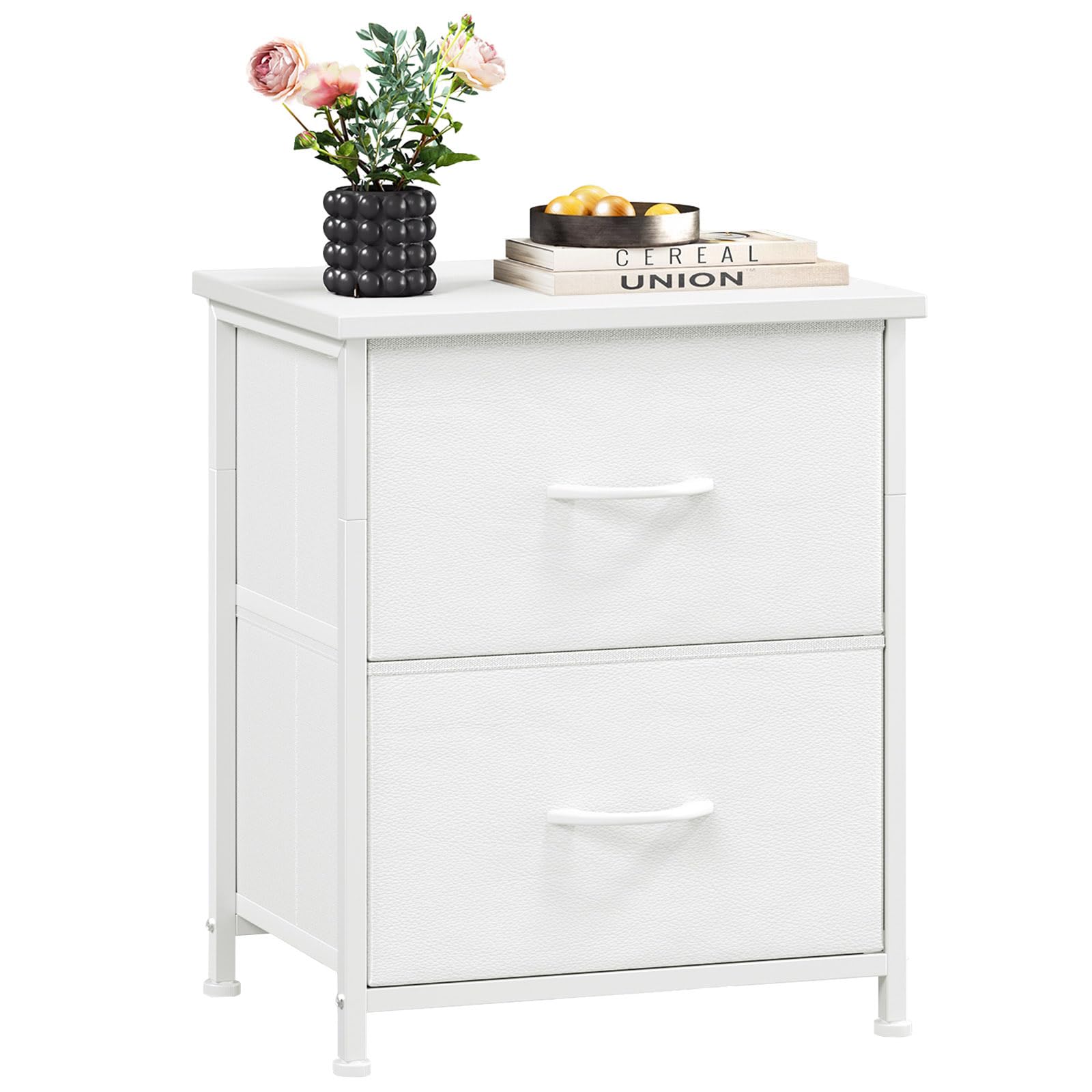 White Nightstand with 2 Drawers & Fabric Bins - Small Dresser for Bedroom, Bedside Table, End Table - Perfect for Kids Room, Closet, Dorm & Guest Room (White Leather) - Ideal for Bedroom Storage & Organization
