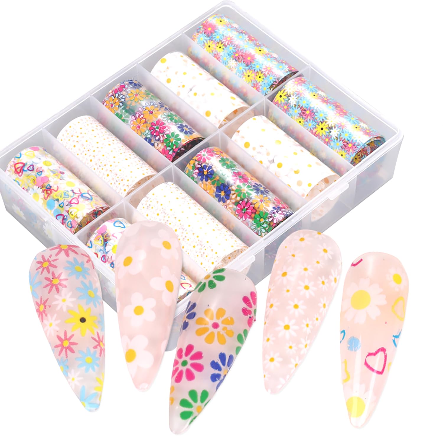 10 Rolls Holographic Daisy Nail Transfer Foil - Iridescent Nail Art Foil for Manicure Designs, 3D Nail Stickers for Women (Flower & Holographic Patterns) - Perfect for DIY Nail Art, Salon Use, and Special Occasions