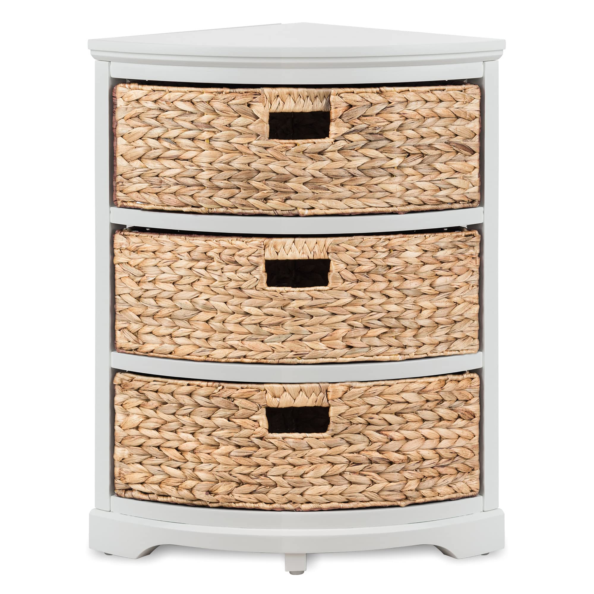 Hampton Meadows 3-Tier X-Side Corner Storage Cabinet with 3 Wicker Baskets - White | Space-Saving Organizer for Bedroom, Bathroom & Living Room | eHemco