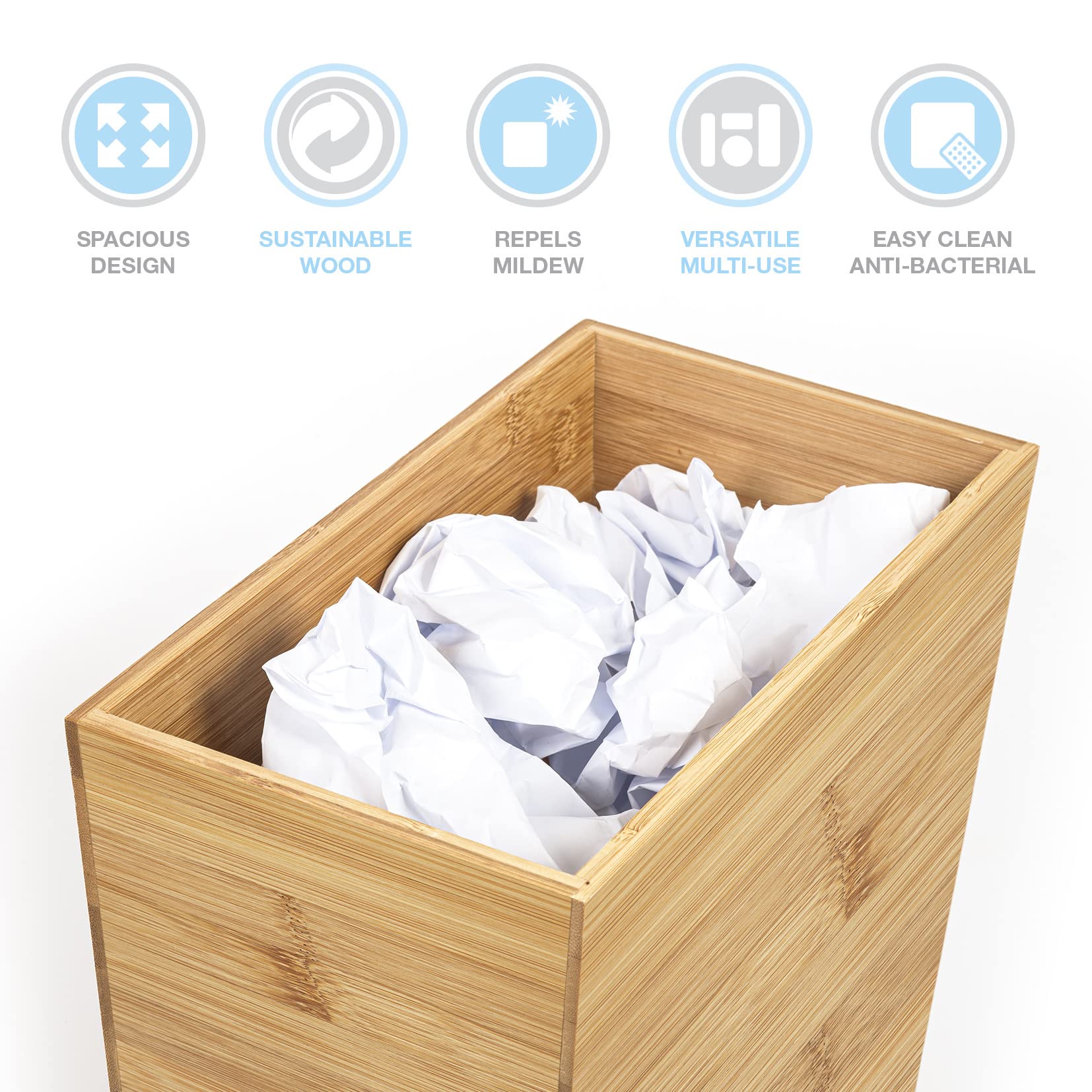 Wooden Trash Can Slim Waste Bin - Eco-Friendly Wooden Rubbish Bin for Home, Office, Kitchen & Bathroom | Perfect for Small Spaces & Recycling Paper Waste