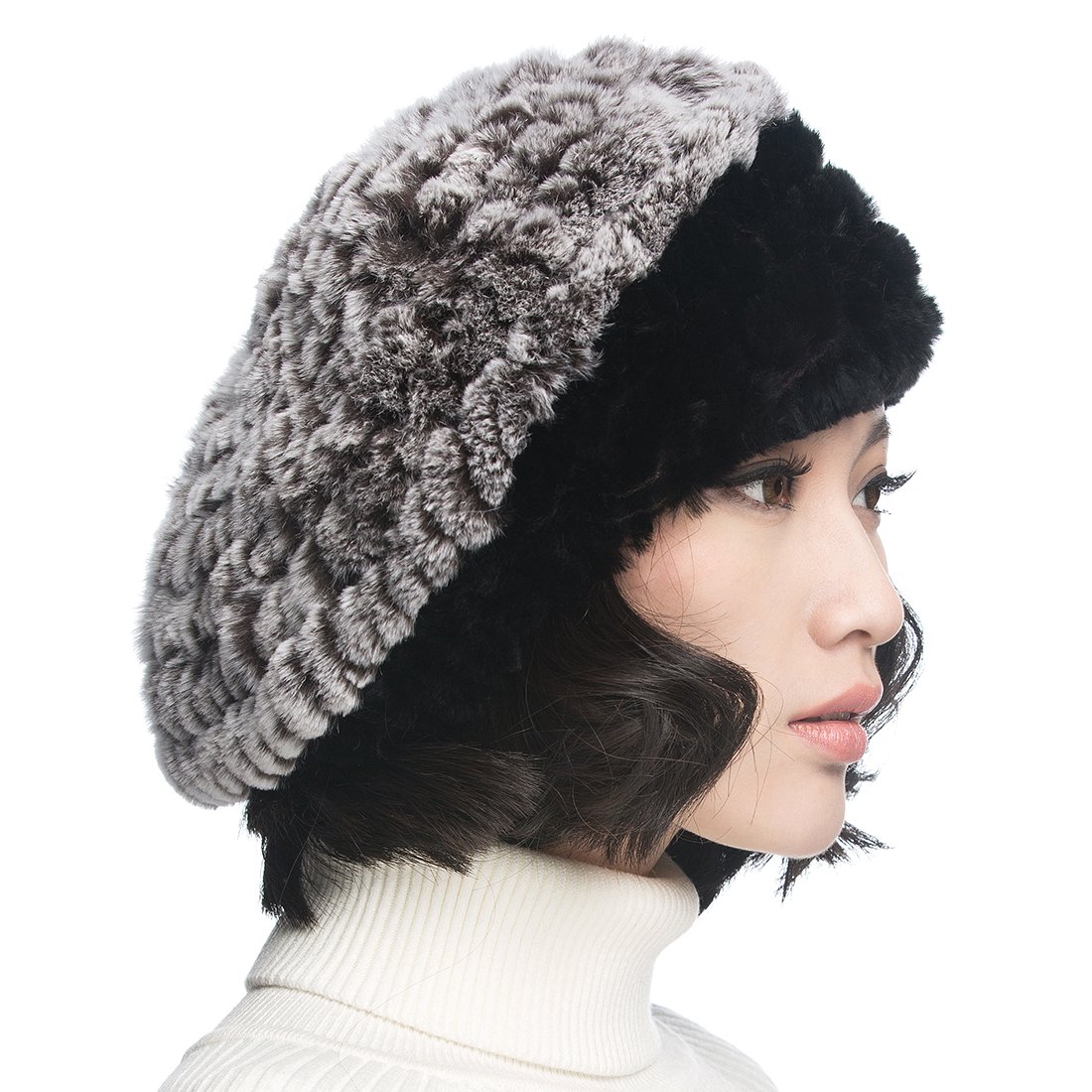 Women's Winter Rex Rabbit Fur Beret Hat with Flower Embellishment - Elegant & Warm for Cold Weather, Parties & Fashion Outfits