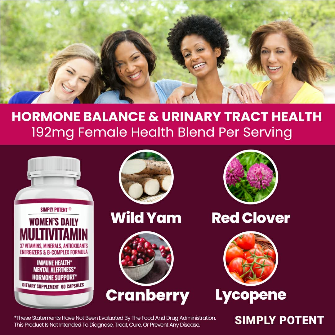 Women's Multivitamin with 37 Essential Vitamins & Minerals - A, C, D, E, Biotin, B12, Folate, Zinc, Magnesium & Calcium - Hair, Skin & Nails Support - Energy Boost & Immune System Defense - Hormone Balance - Green Tea Extract - 60 Capsules - Daily Supplement for Active Women & Wellness Enthusiasts