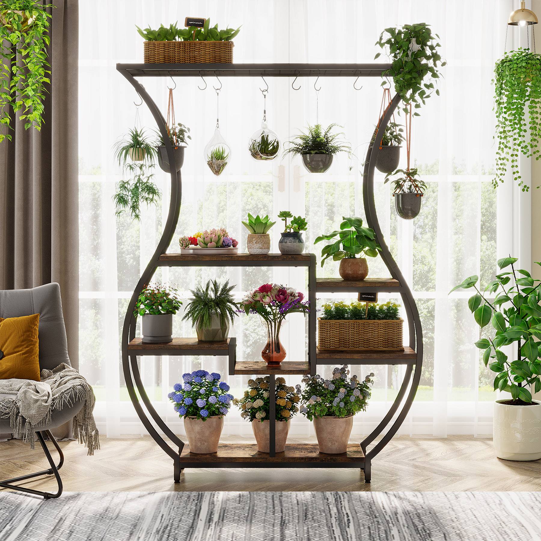 6 Tier Vase Shaped Plant Stand with 10 Hanging Hooks - Multi-Level Flower Pot Holder for Indoor/Outdoor Decor, Balcony & Garden Plant Display Rack