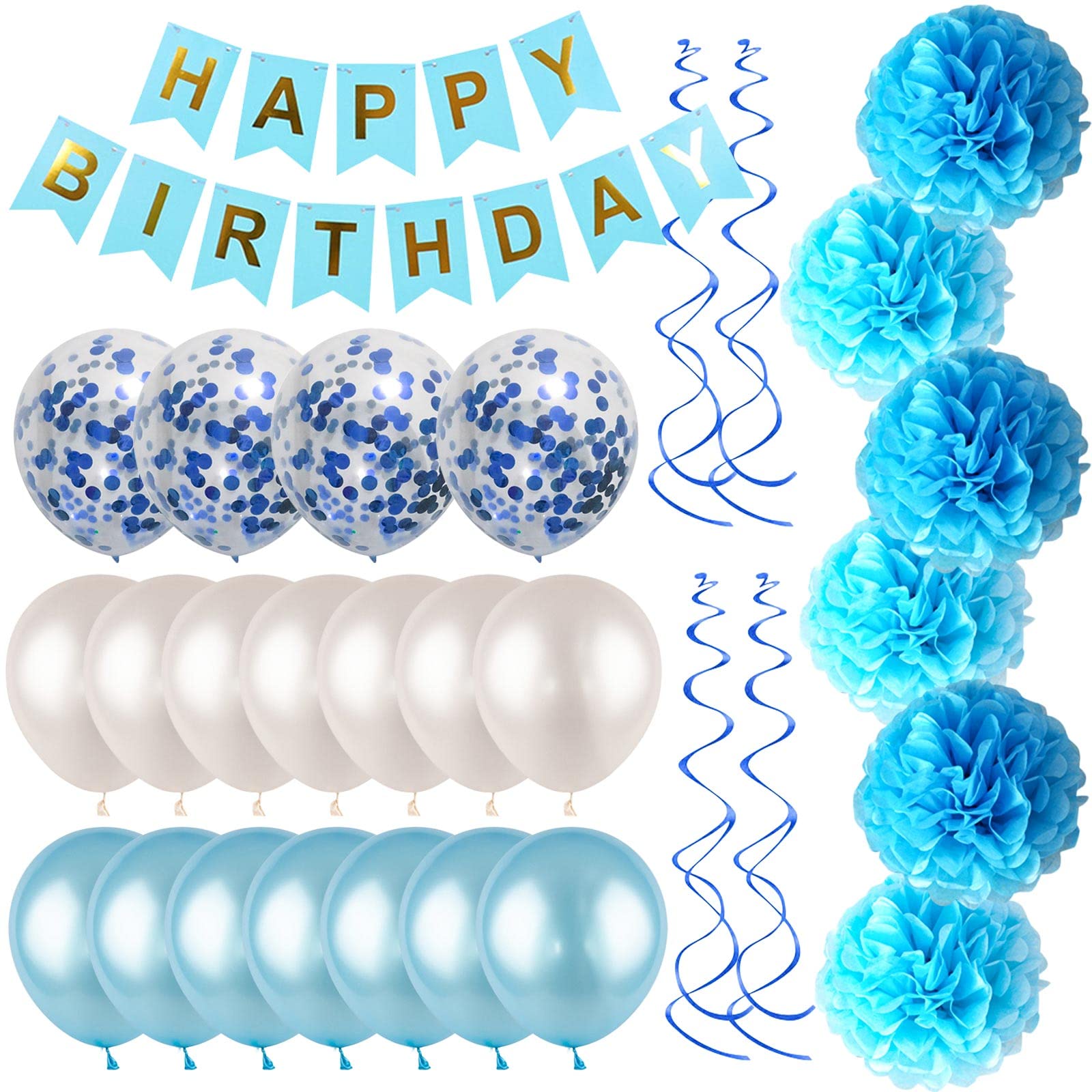 Blue and White Birthday Party Decoration Kit - Happy Birthday Banner, Spiral Charm, Paper Flower Ball, Latex Balloons & Confetti Balloons for Boys Birthday Party Supplies | Perfect for Indoor/Outdoor Birthday Celebrations, Baby Showers & Special Events