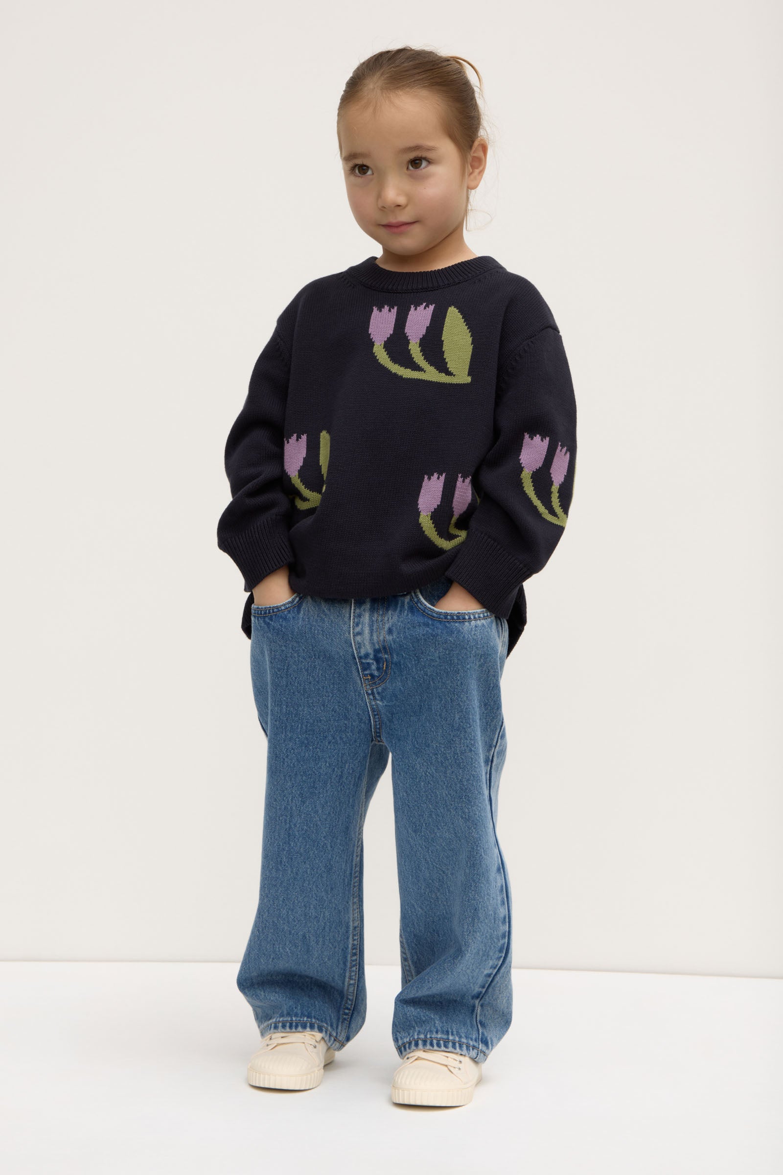 Kids Tulip Intarsia Knit Sweater - Soft Cotton Pullover for Girls & Boys - Perfect for School, Playdates & Family Outings