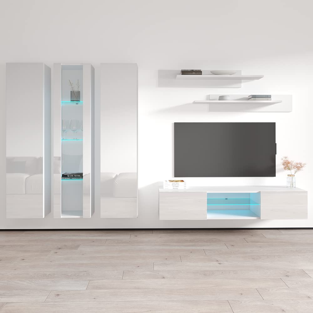 Modern Floating TV Stand with Storage & LED Lights - Wall-Mounted Entertainment Center for Bedroom & Living Room - White Meble Furniture Fly C4 33