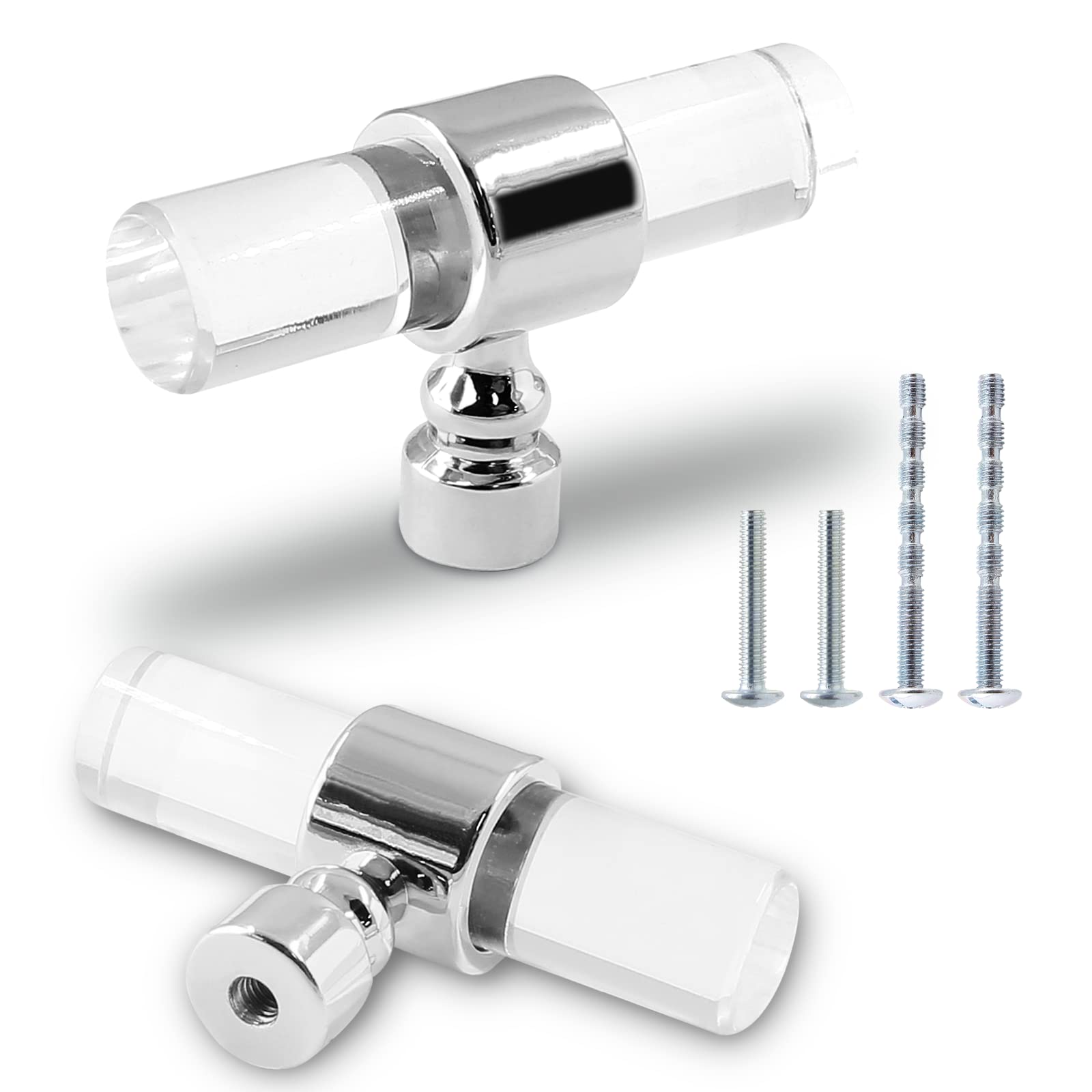 2 Pack Silver Acrylic Cabinet Knobs - Clear T Bar Drawer Pulls for Kitchen & Dresser (1.97