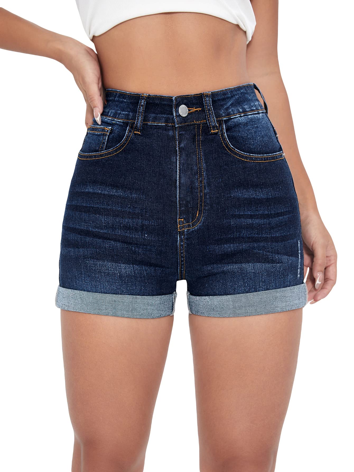 Floerns Women's Stretchy High Waisted Folded Hem Denim Shorts | Comfortable Distressed Denim Shorts for Women | Perfect for Summer, Beach, and Casual Outings