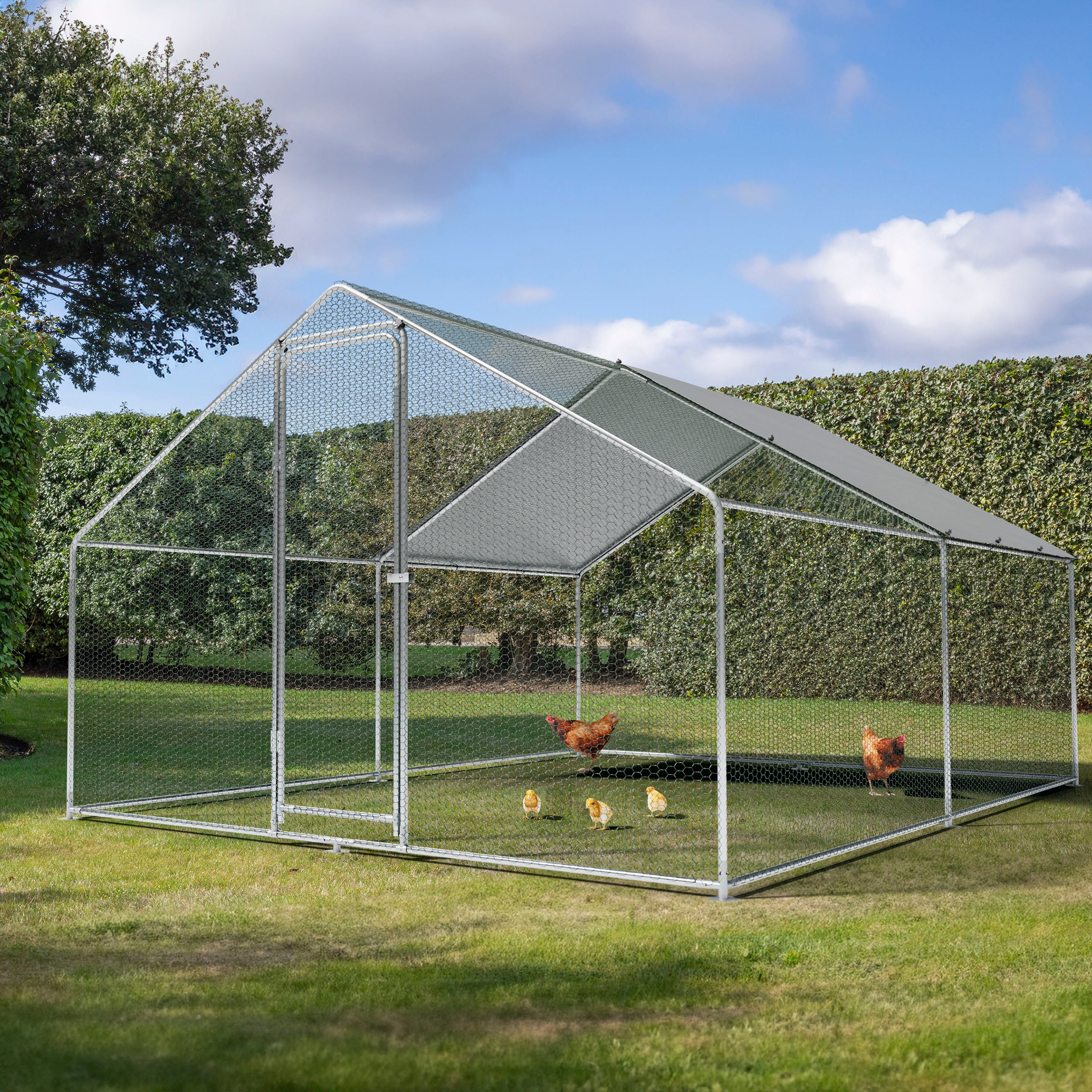 3x4m Walk-In Galvanized Steel Chicken Coop Run with Solar Roof Cover & PVC Coated Wire Mesh - Durable Poultry Enclosure for Chickens, Ducks, and Small Animals - Perfect for Backyard Farming, Urban Homesteading, and Free-Range Poultry Protection