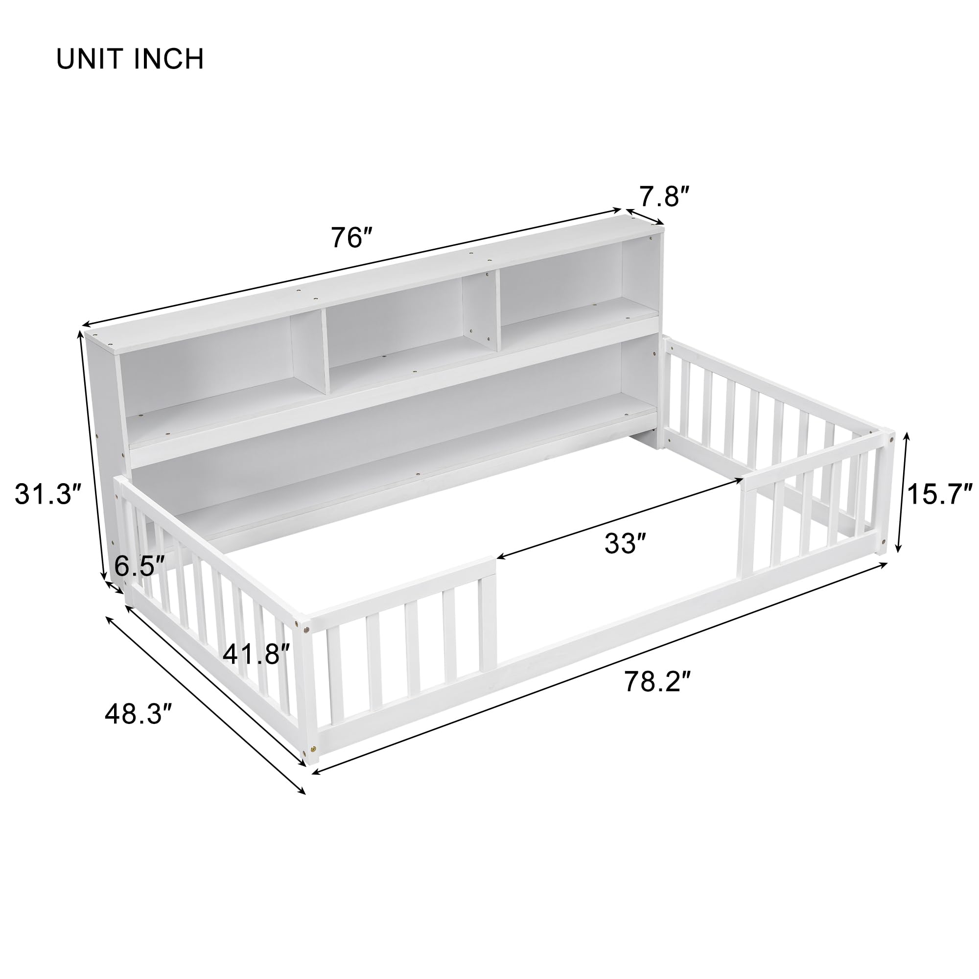 Bellemave Montessori Floor Bed for Kids - Twin Size with Bookcase & Shelves - Sturdy Wooden Bed Frame for Boys & Girls - White - Perfect for Montessori Bedrooms, Playrooms & Cozy Reading Nooks