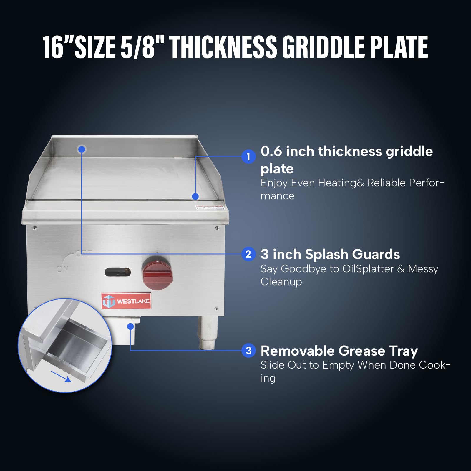WESTLAKE 16-Inch Commercial Gas Griddle - 30,000 BTU Single Burner Stainless Steel Countertop Grill for Restaurants, Diners & Food Trucks - Perfect for Pancakes, Burgers & Breakfast Cooking