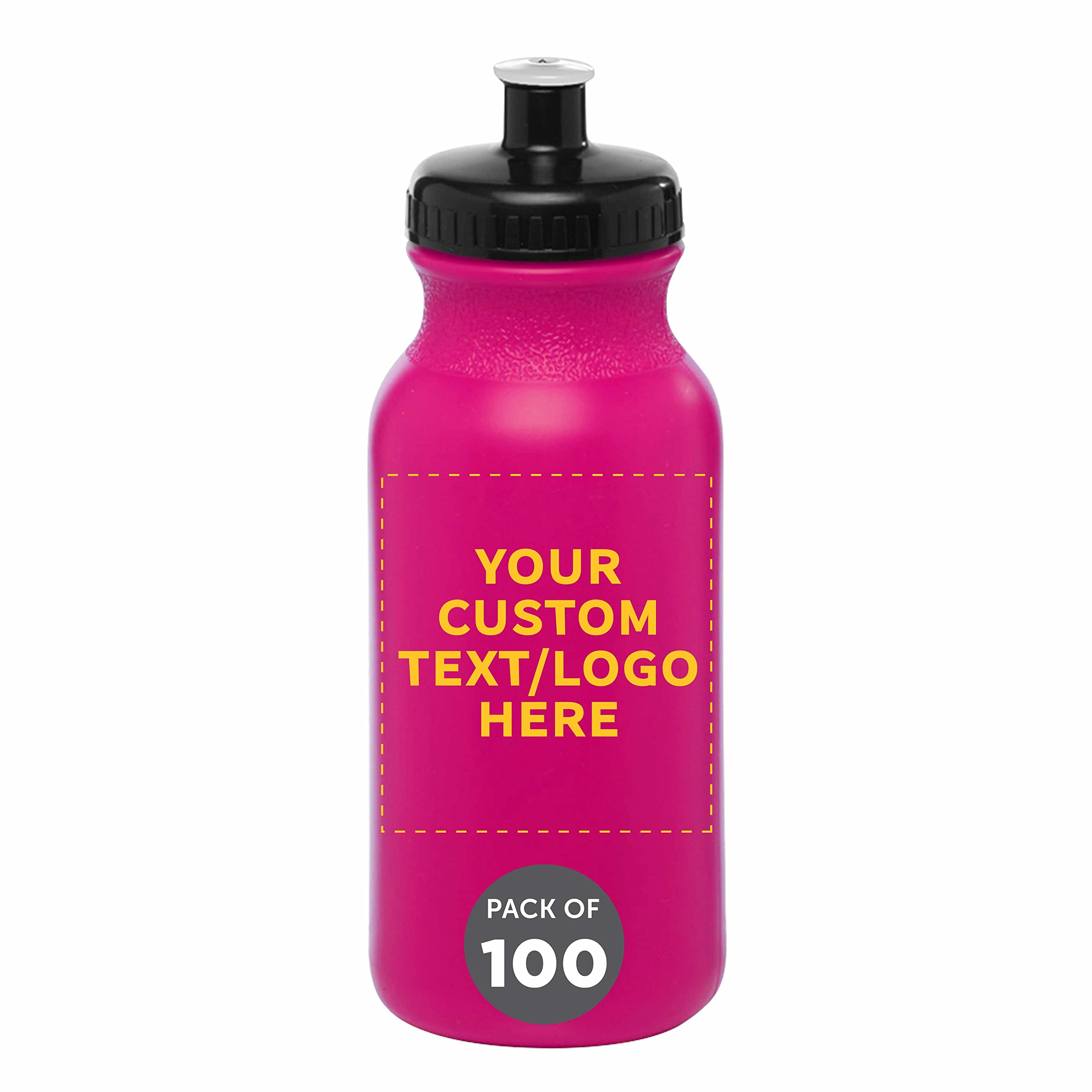 Custom 20 oz. Water Bottles with Push Cap - Bulk Pack of 100 Personalized Neon Pink Sports Bottles - Ideal for Gym, Hiking, Camping & Outdoor Activities - BPA Free Leakproof Design for Workouts, Travel & Sports Events