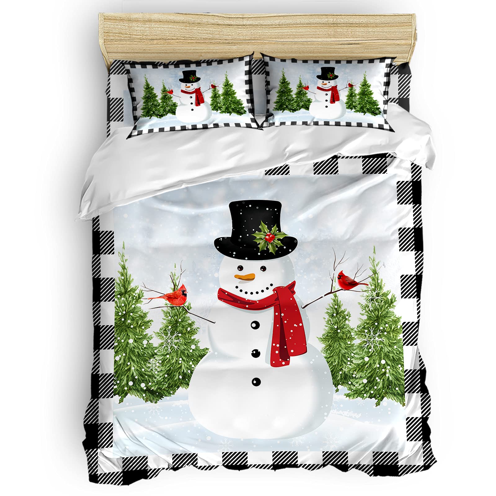 Millxiu 4-Piece Christmas Bedding Set - Full Duvet Cover, Sheet & 2 Pillowcases with Snowman, Xmas Tree & Cardinal Designs - Holiday Decor for Girls, Boys, Teens & Women - Perfect for Festive Bedroom Decorations & Winter Home Styling