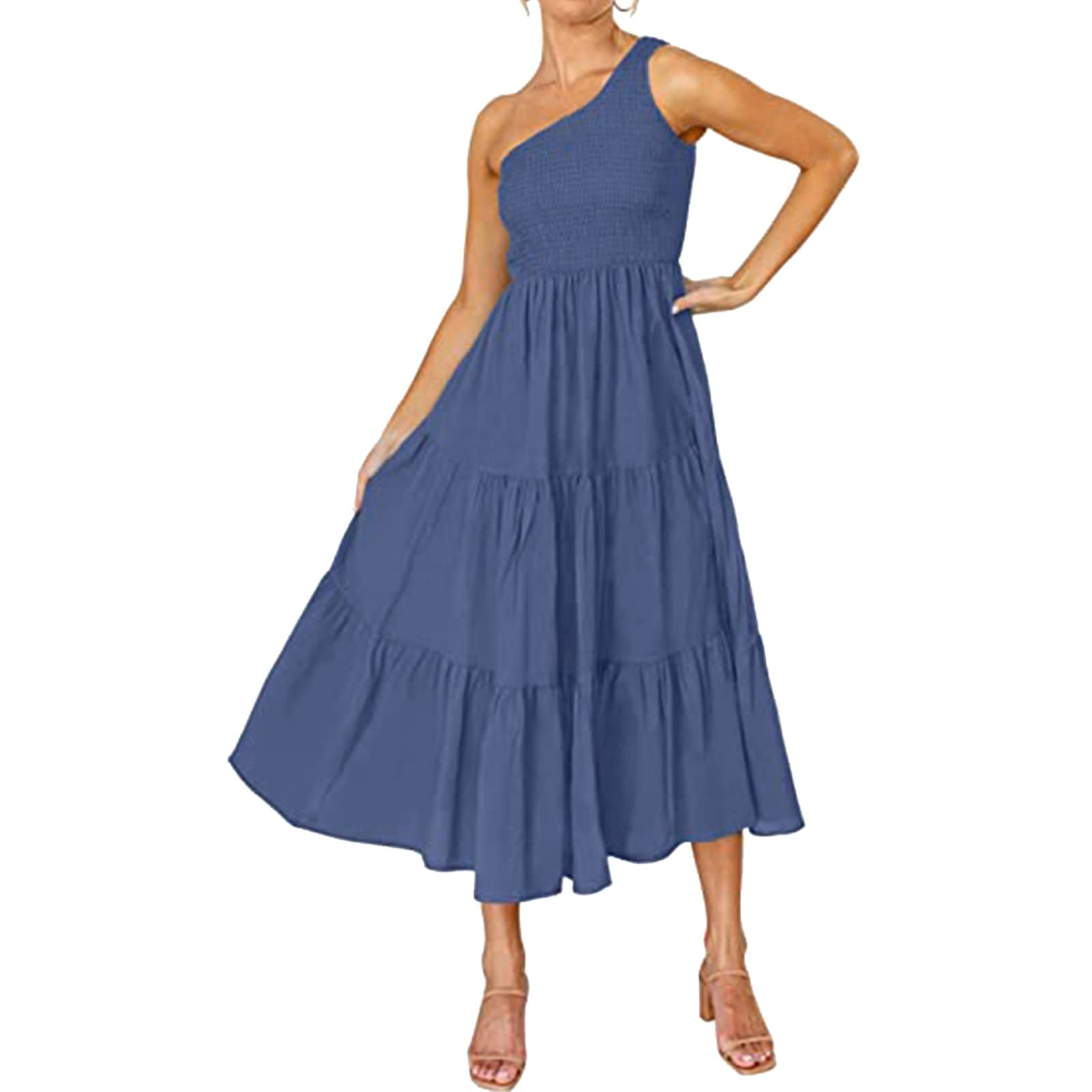 Boho One Shoulder Sleeveless Summer Dress for Women - Solid Color Ruffle Beach Maxi Tiered Midi Dress | Perfect for Vacations, Beach Parties & Casual Outings