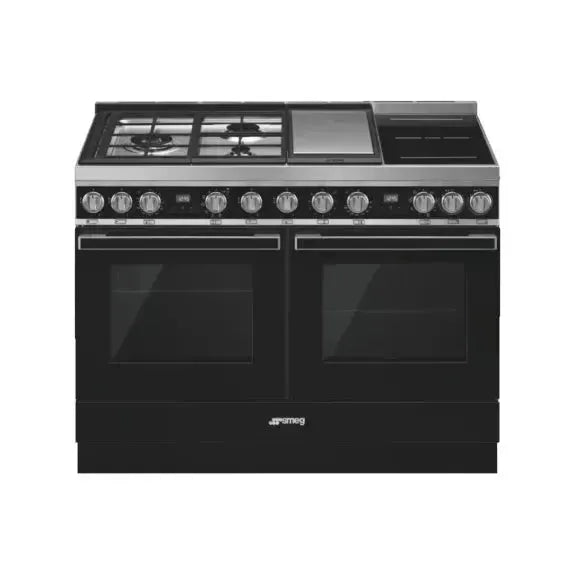 Smeg 120cm Portofino Multifunction Dual Fuel Range Cooker in Black - Professional Gas & Electric Oven for Modern Kitchens