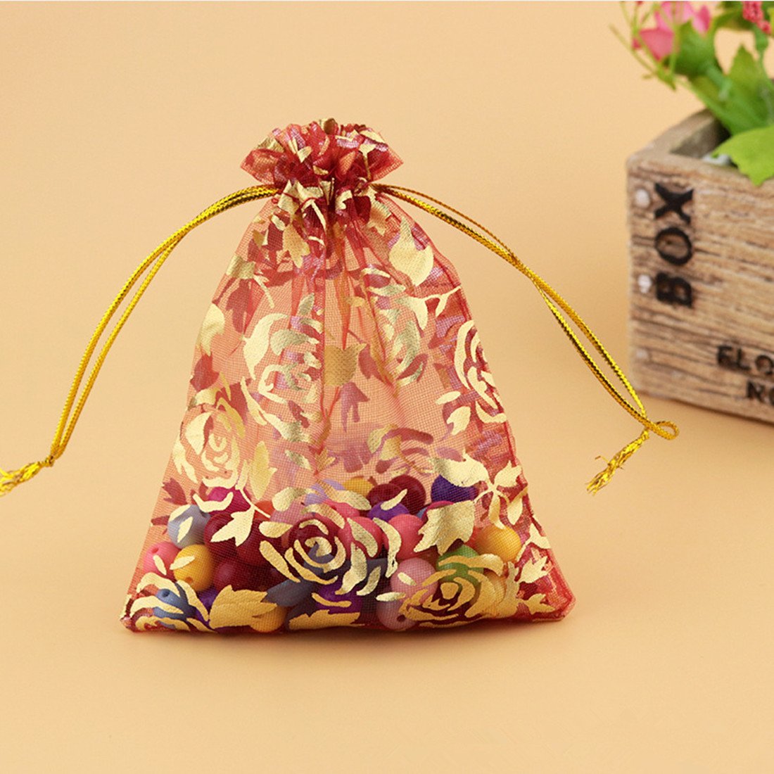 100pcs Rose Pattern Organza Wedding Gift Bags - 3
