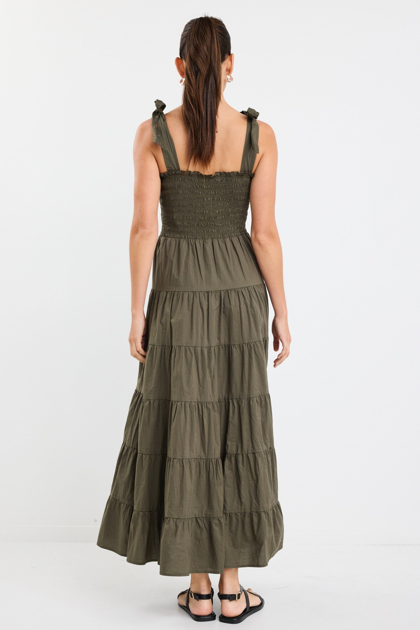 Isabella Khaki Cotton Poplin Strappy Tiered Maxi Dress for Women - Summer Boho Beach Dress for Vacation, Wedding & Outdoor Events