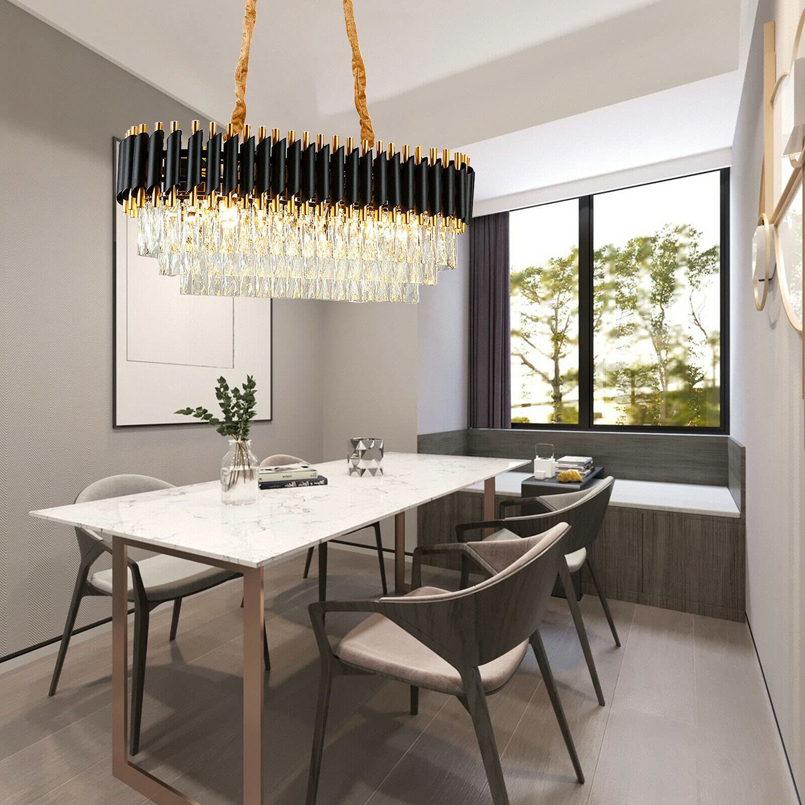 Modern 8-Light Rectangular Crystal Chandelier - E12 Base Chrome Linear Raindrop Hanging Light Fixture - 31.5