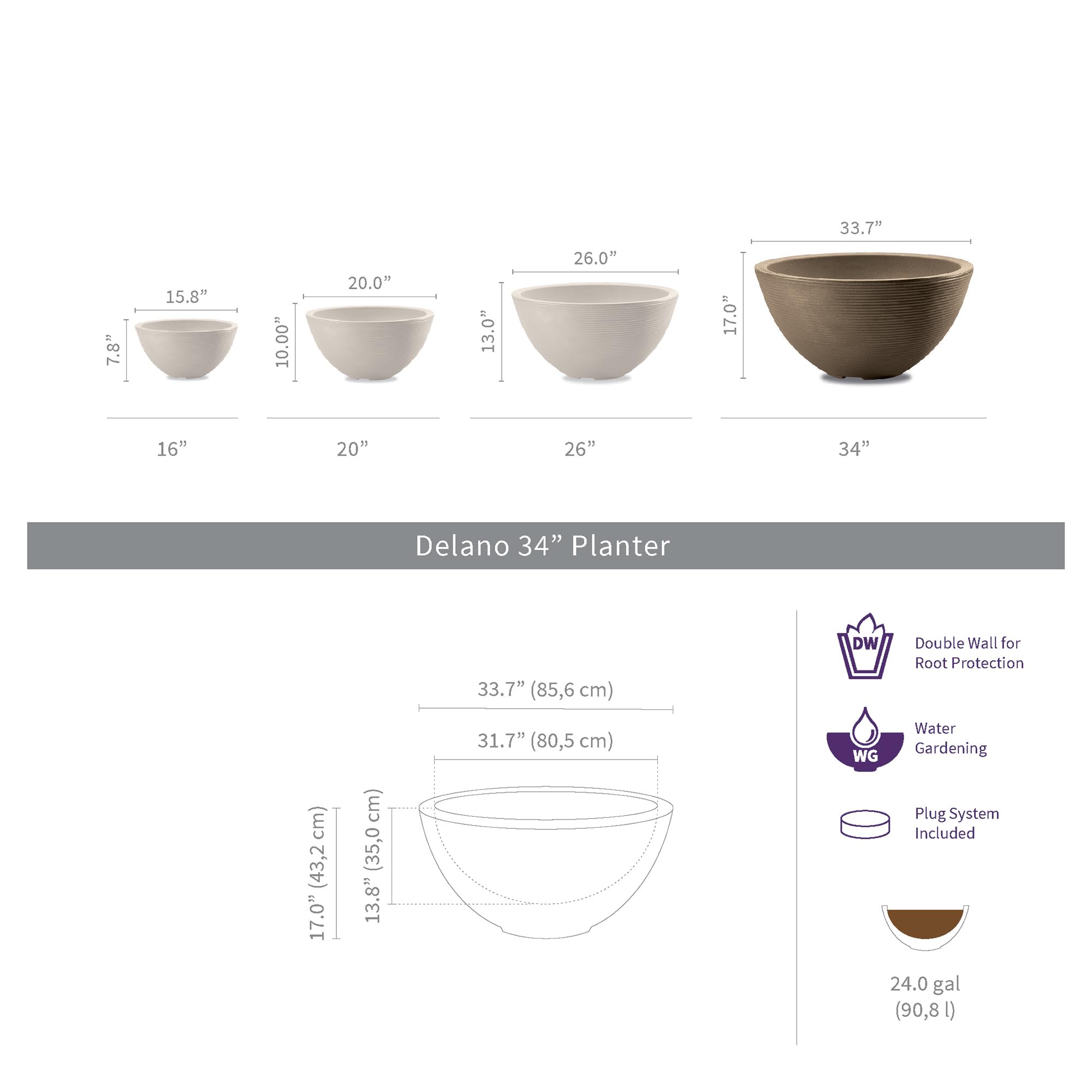 **Delano 34-Inch Double-Walled Planter by Crescent Garden – Mocha Brown Outdoor/Indoor Plant Pot for Patio, Garden, or Home Decor**