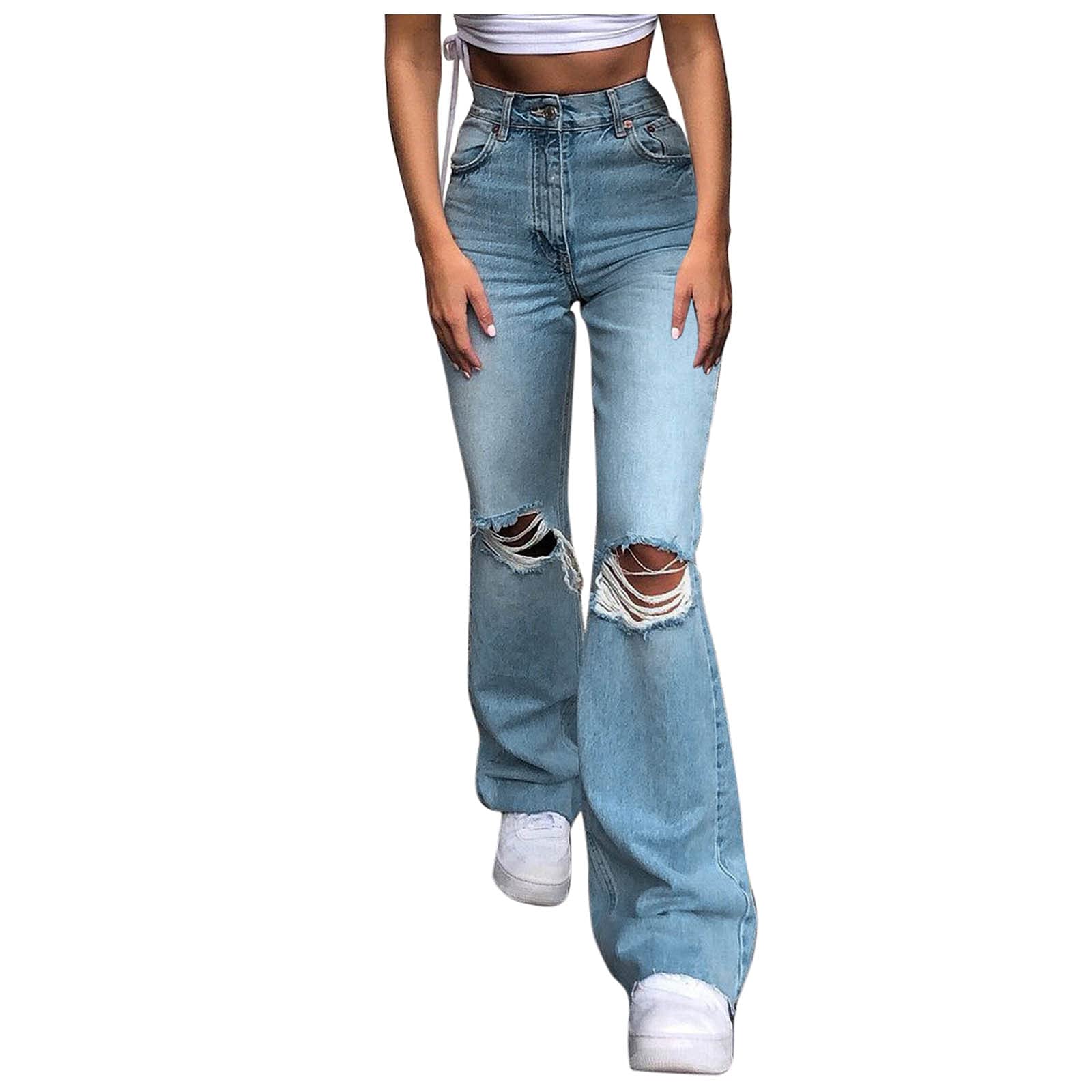 Women's High Waist Flare Jeans - Casual Ripped Denim Pants with Bell Button & Knee Hole - Comfortable Loose Fit for Everyday Wear - Perfect for Street Style, Work & Weekend Outfits