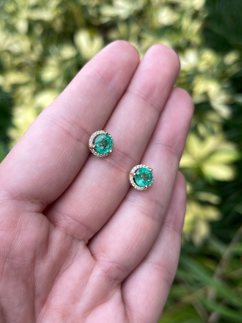 2.32tcw 14K Gold 8.5mm Round Emerald & Diamond Halo Stud Earrings for Women - Elegant Green Gemstone Jewelry Gift for Birthday, Anniversary & Special Occasions