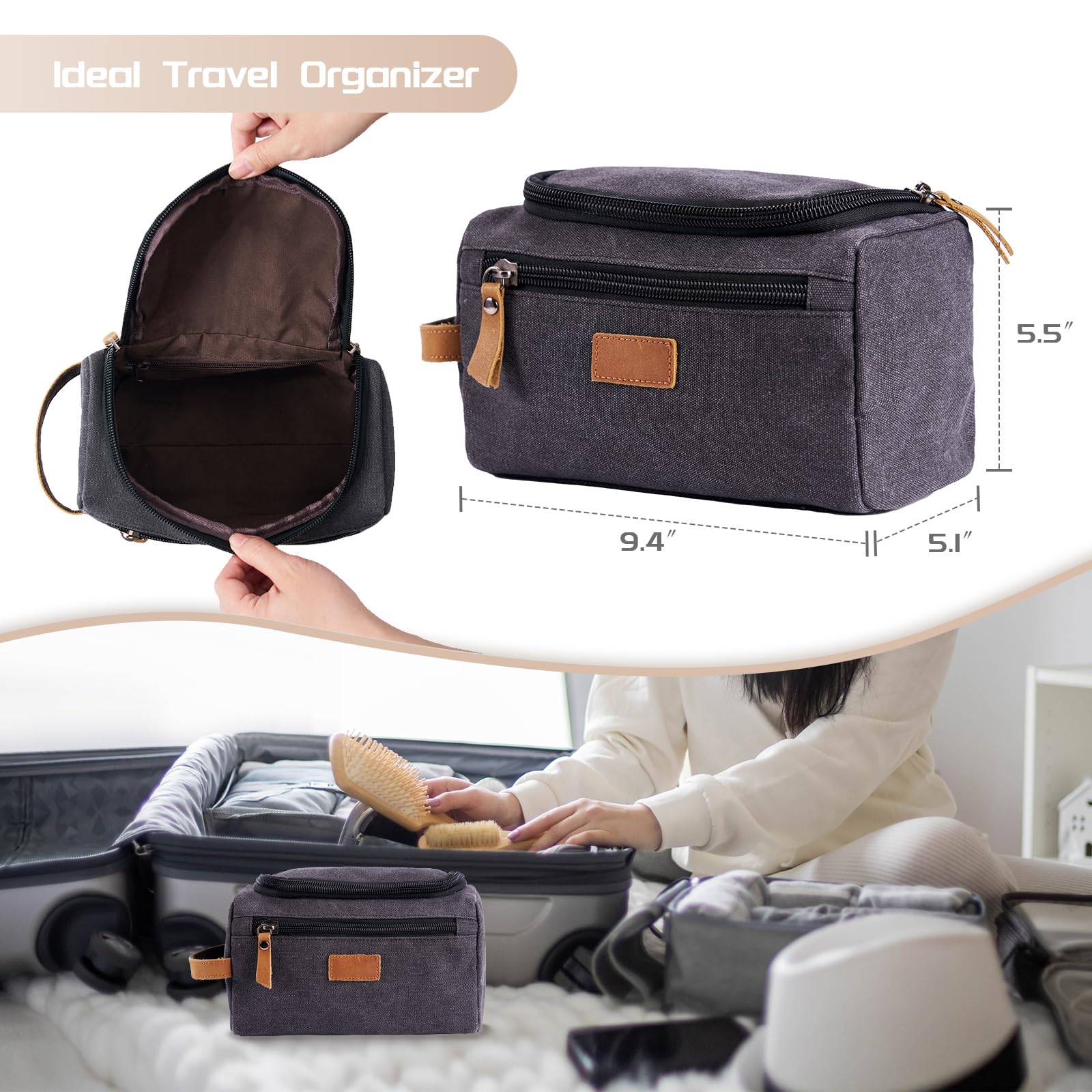 Waterproof Travel Toiletry Bag for Men - Large Shaving Kit Organizer with Multiple Pockets | Durable Canvas Dopp Kit for Bathroom Essentials | Perfect for Business Trips, Camping & Gym Use (Black)