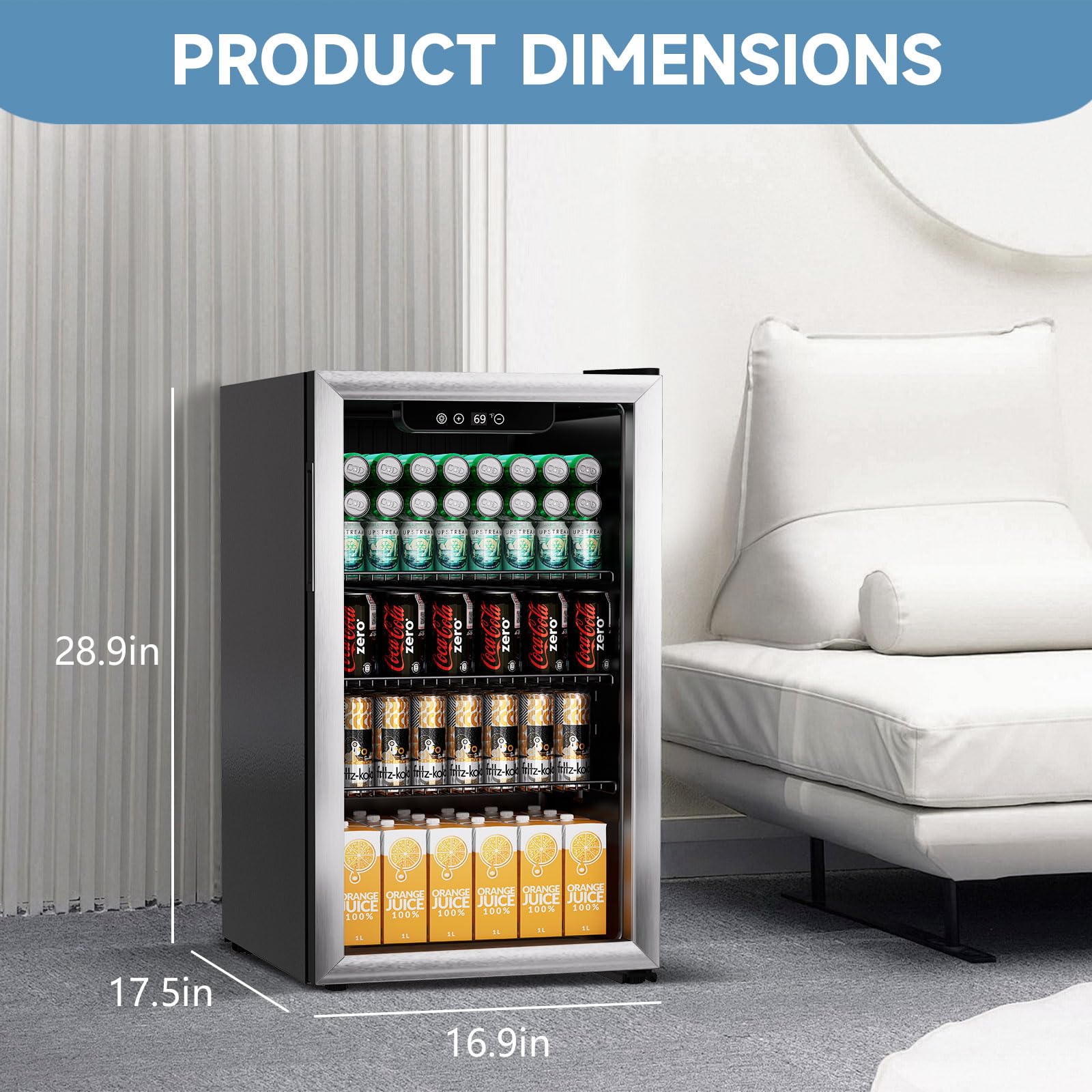 3.0 Cu.ft Beverage Refrigerator Cooler - 105 Can Capacity Mini Fridge with Reversible Glass Door & Digital Temperature Control for Beer, Wine, Soda - Adjustable Shelves for Office, Bar, Home, or Dorm Room Use