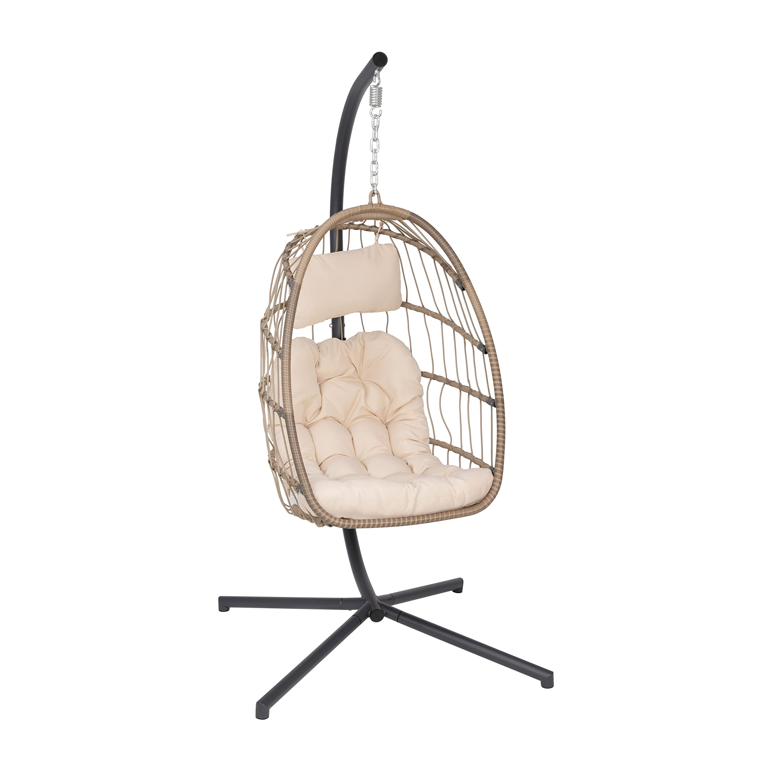 Merrick Lane Riley Hanging Egg Chair - Foldable Natural Woven Rattan Frame with Removable Cream Cushion & Included Stand - Perfect for Patio, Garden, Balcony or Living Room Relaxation