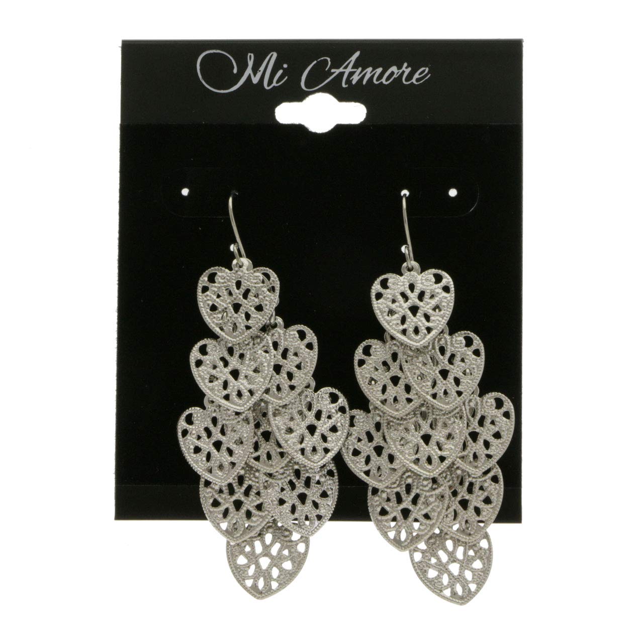 Mi Amore Heart Chandelier Earrings Silver-Tone Dangle Drop Earrings for Women, Perfect for Valentine's Day, Wedding, Party & Evening Occasions