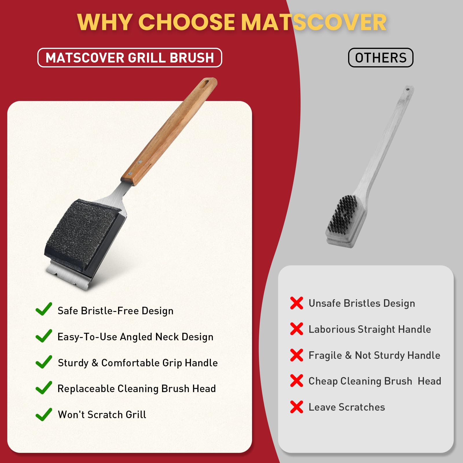 Stainless Steel BBQ Grill Brush with Wooden Handle - Bristle-Free Grill Cleaner with Replacement Head & Scraper for Outdoor Gas, Charcoal Grills - Perfect for Backyard Cookouts, Camping & Picnics
