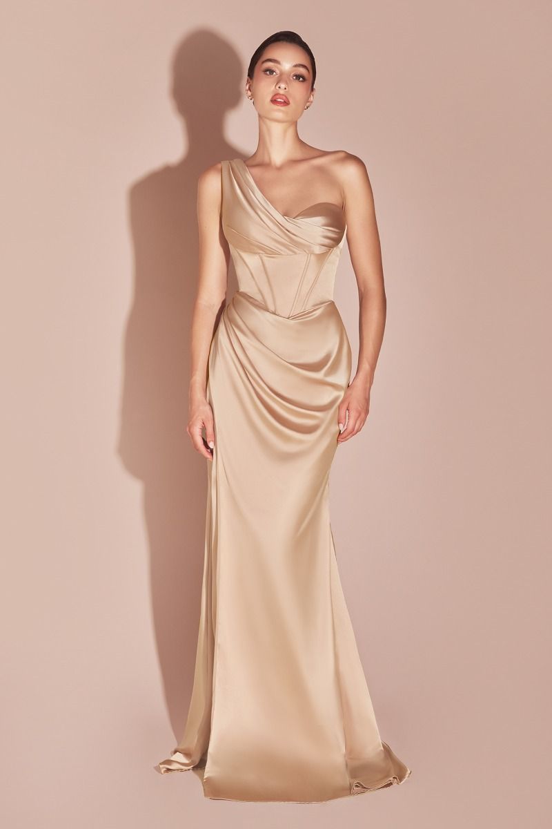 Audra One Shoulder Luxe Satin Corset Gown - Champagne Elegant Formal Dress for Prom, Evening Gala & Special Occasions