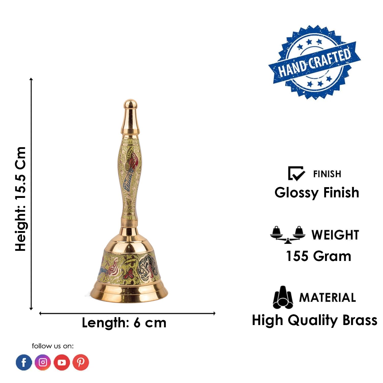 SATVIK Pure Brass Puja Bell with Handle - Yellow Religious Pooja Ghanti for Hindu Temple, Home Altar, Christmas Decor & Indian Housewarming Gifts (1 Piece) - Perfect for Daily Worship, Meditation & Spiritual Ceremonies