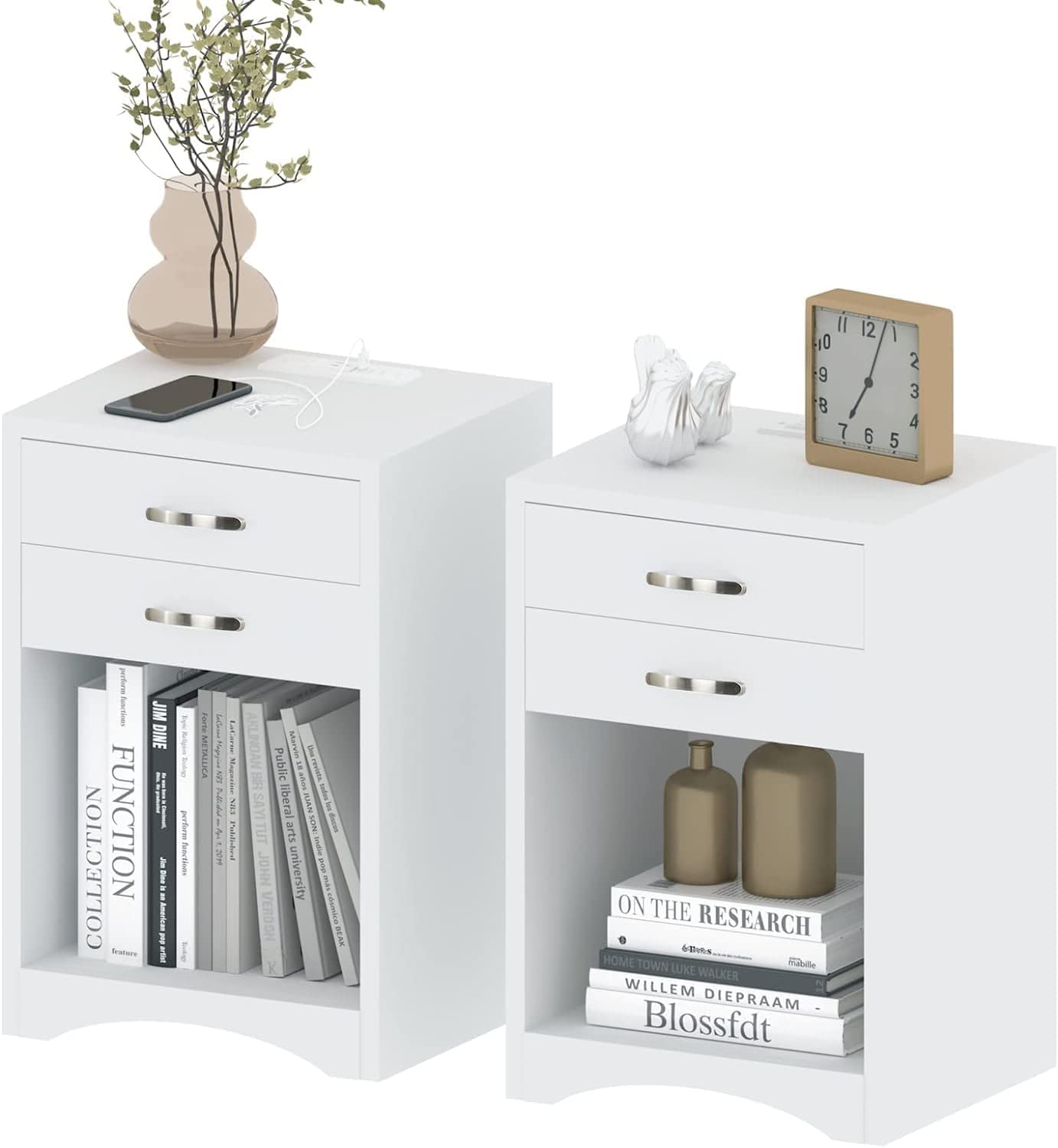 hosote Night Stands for Bedroom Set of 2 - White Bedside Table with Charging Station, USB Ports & Power Outlets - Modern Nightstand with Storage Drawers - Perfect for Bedroom, Guest Room or Apartment