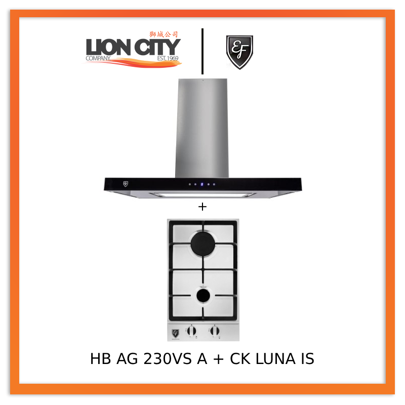 EF CK LUNA 90cm Island Range Hood + EF HB AG 230VS 30cm Built-in Stainless Steel Gas Hob - Modern Kitchen Ventilation & Cooking Solution for Home Chefs