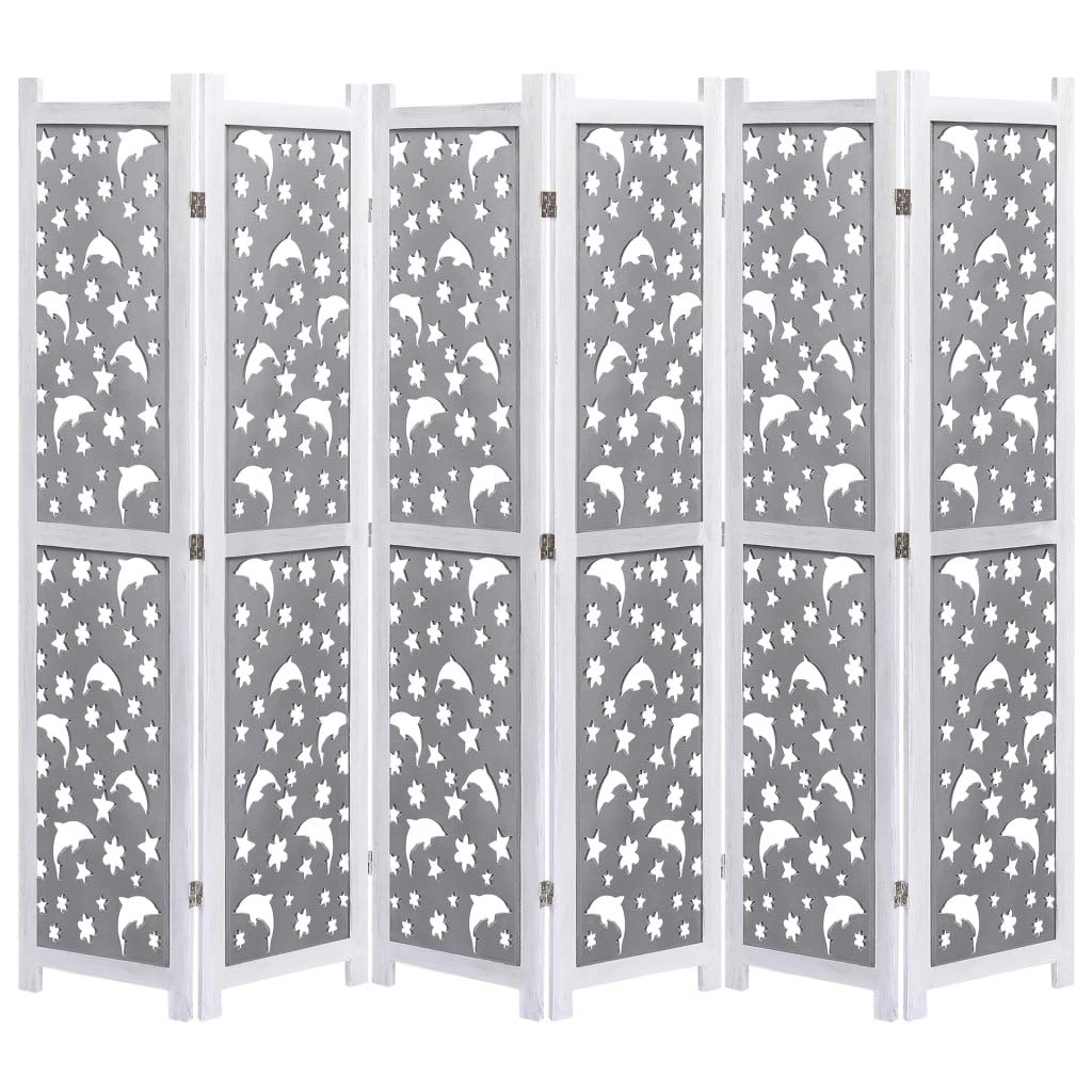 SKM 6-Panel Gray Room Divider Screen - 82.7 x 64.7 Inches Solid Wood Folding Partition for Home Office, Bedroom Privacy & Space Division
