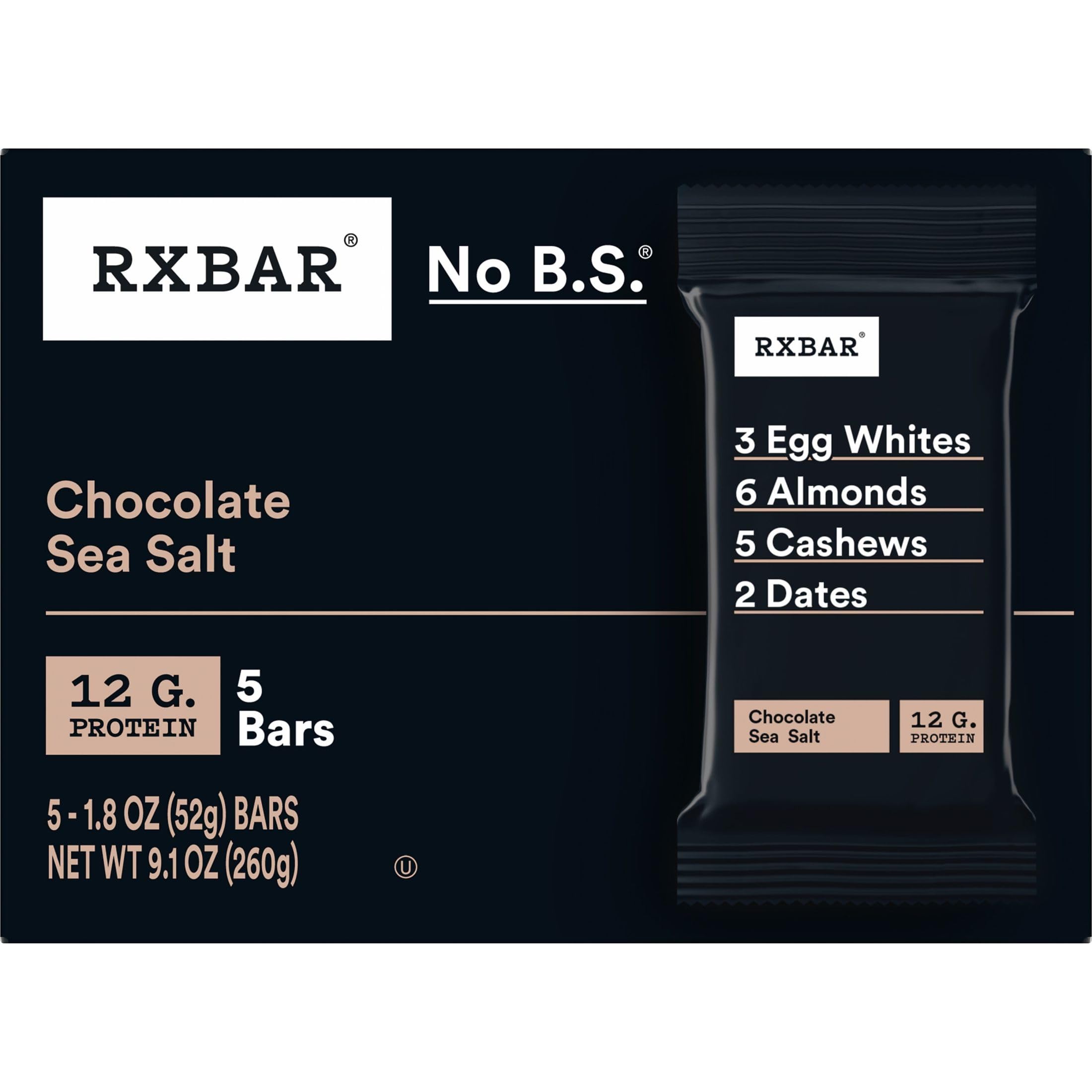RXBAR Protein Bars - 12g Protein, Gluten Free, Dairy Free, No Added Sugar, Chocolate Sea Salt Flavor (6 Pack, 30 Bars) - Healthy Snack for Workouts, Hiking & On-the-Go Nutrition