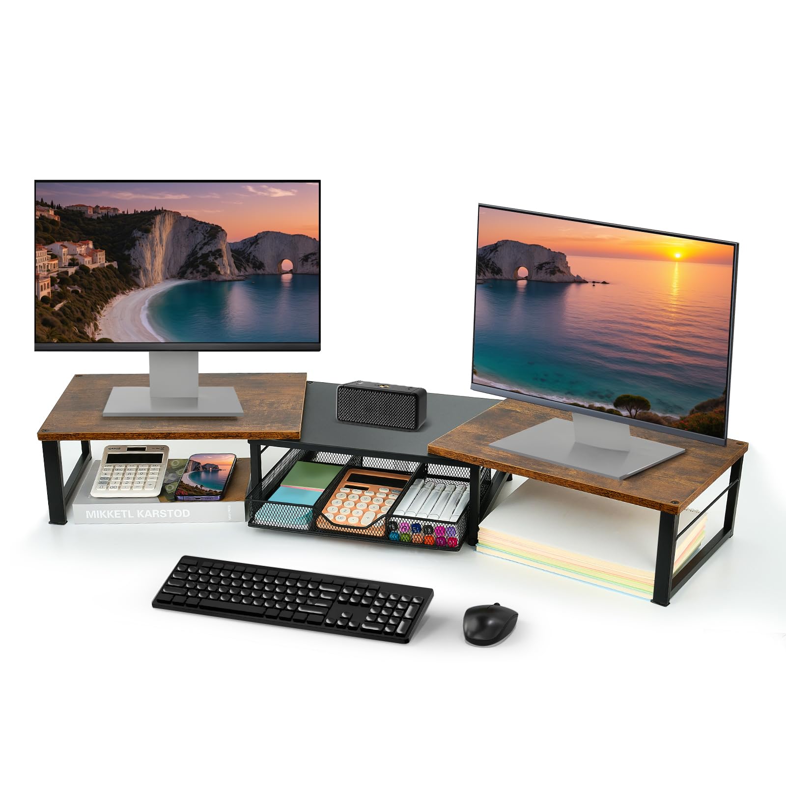 Dual Monitor Stand Riser with Drawer - Rustic Brown Desk Organizer for Office Workspace | Computer Monitor Stand for Laptop, Printer & TV | Perfect for Home Office Setup & Workspace Organization