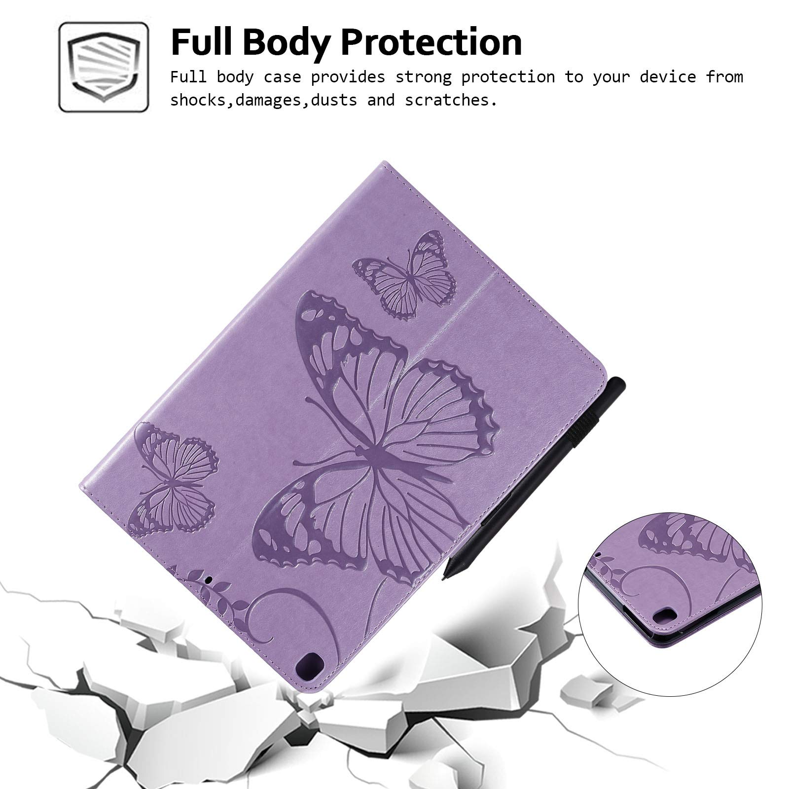 Techcircle Magnetic Leather Folio Case for iPad 10.2 (9th/8th/7th Gen) & iPad Air 10.5 - Purple Butterfly Embossed Wallet Stand Cover with Auto Sleep/Wake | Perfect for Work, Travel & Home Use
