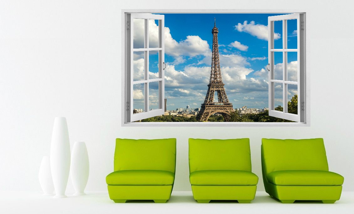 3D Removable Vinyl Wall Stickers - White Window Frame Design with Paris Eiffel Tower & Cityscapes - Peel & Stick Wall Decals for Living Room, Bedroom, Nursery - Durable Home Decor Wallpaper