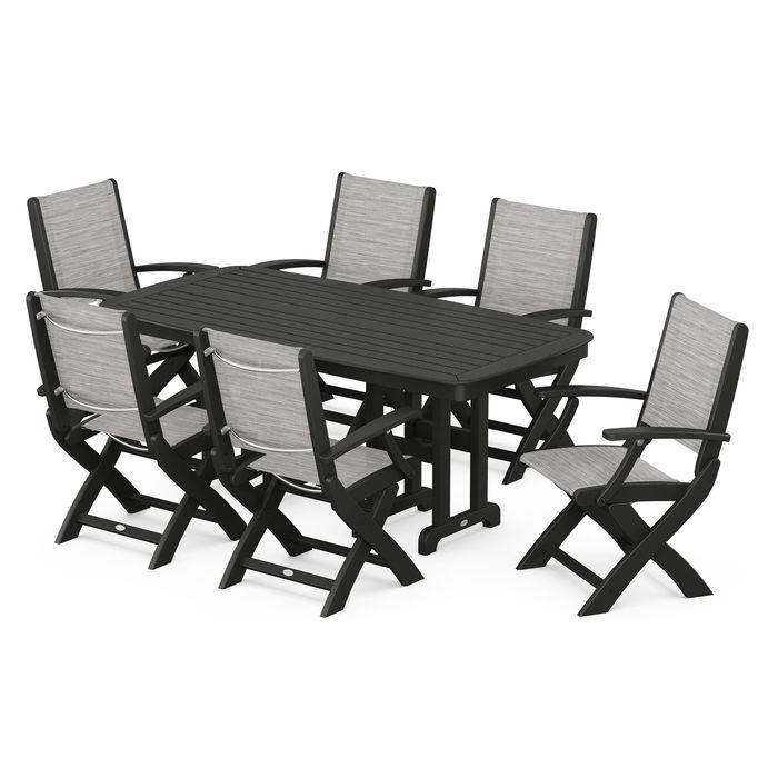 POLYWOOD Coastal Folding Arm Chair 7-Piece Outdoor Dining Set - Perfect for Patio, Deck, Poolside & Beachfront Entertaining