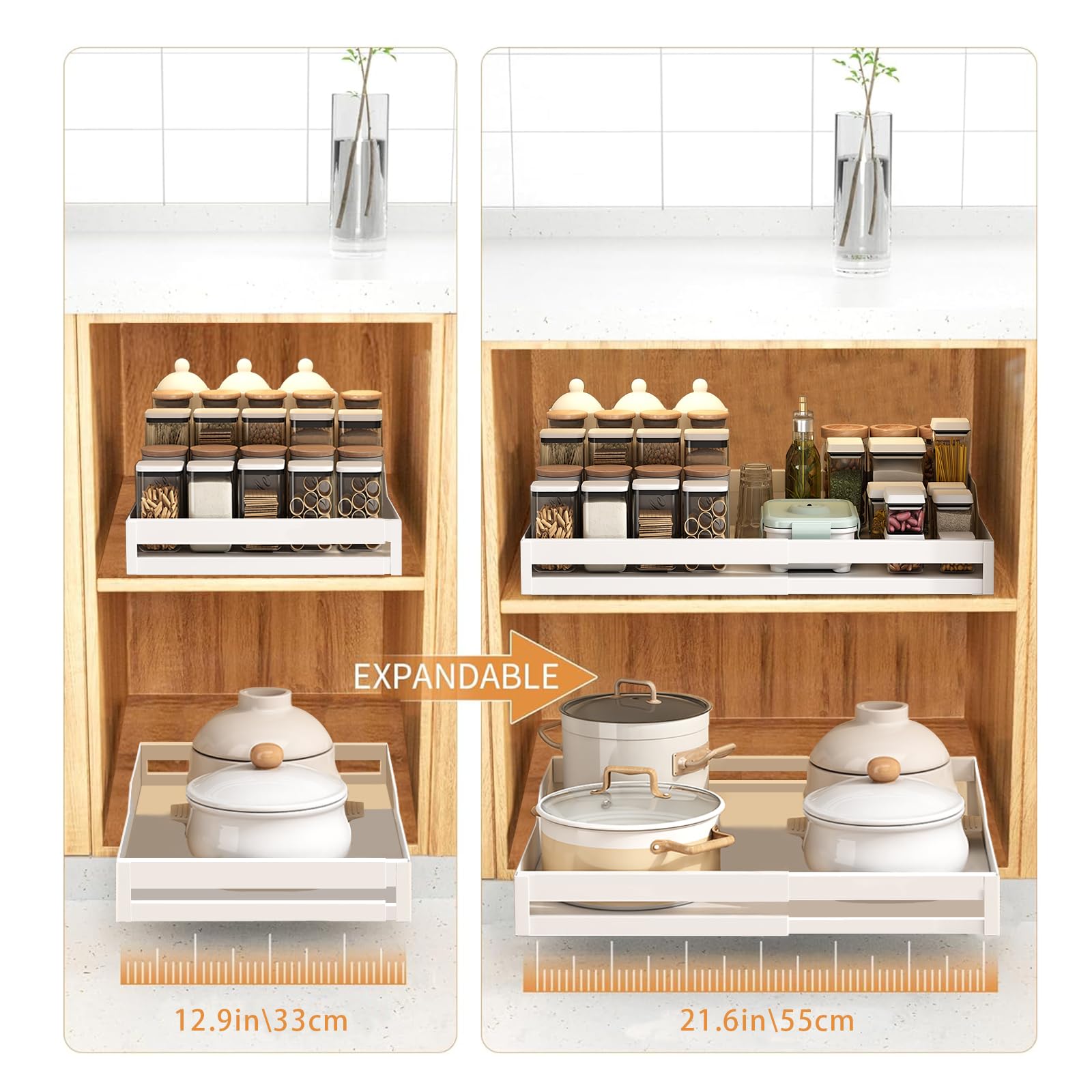 Expandable Telescopic Drawer Slide Organizer - Adjustable Width 33-55cm, White Kitchen Cabinet Storage Shelf for Pantry, Bathroom & Sink Area - Perfect for Utensils, Spices & Cleaning Supplies Organization