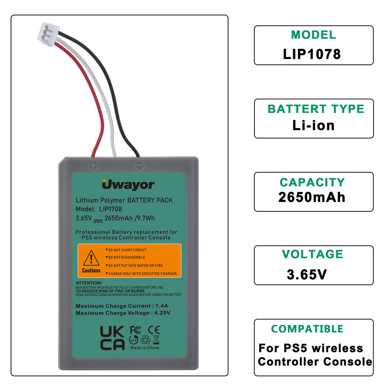 Uwayor 2650mAh High Capacity Replacement Battery for Sony PlayStation 5 Wireless Controller - Long Lasting PS5 Gamepad Battery for Extended Gaming Sessions