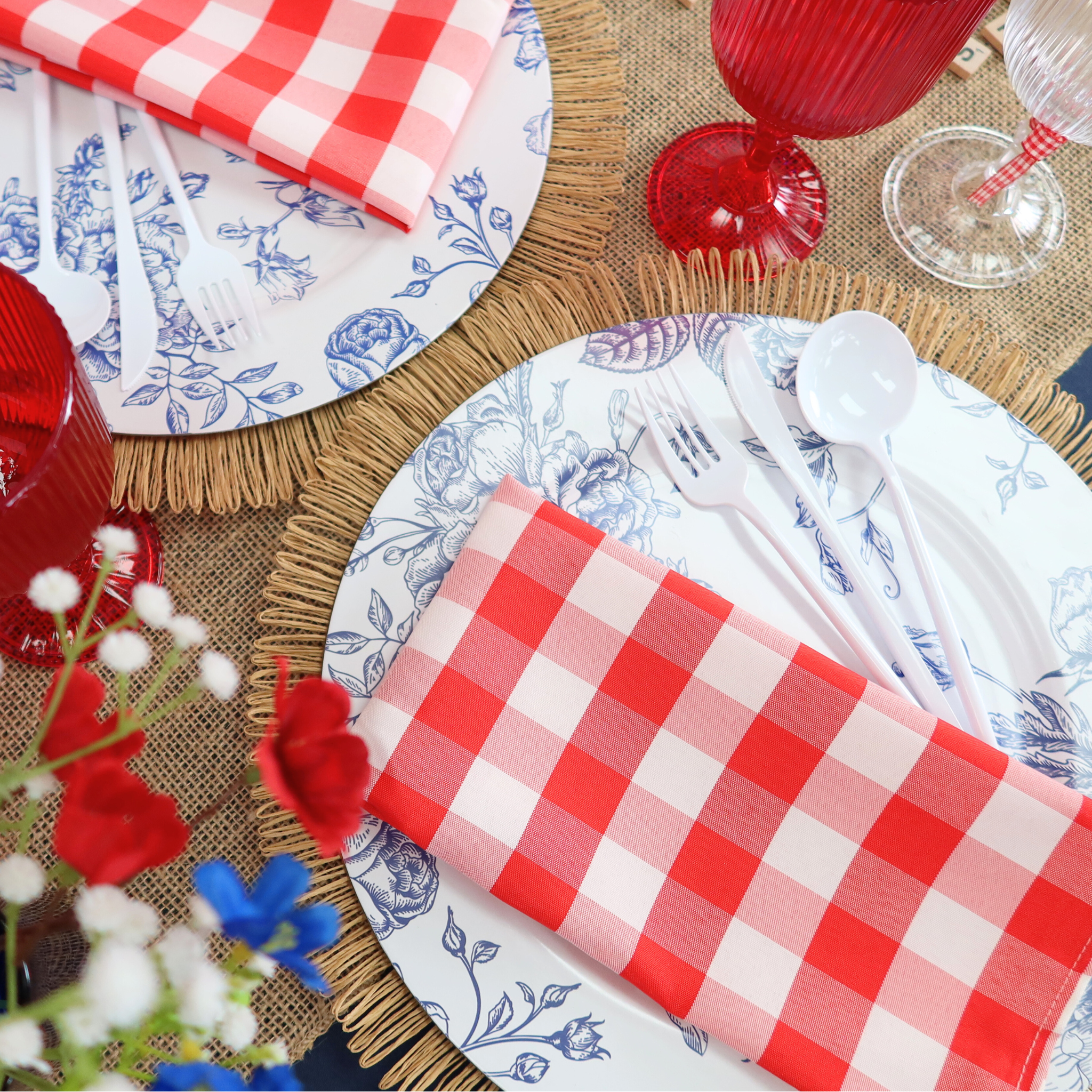 Red & White Gingham Checkered Polyester Napkins 20x20 - Perfect for Picnics, BBQs, and Farmhouse Table Decor